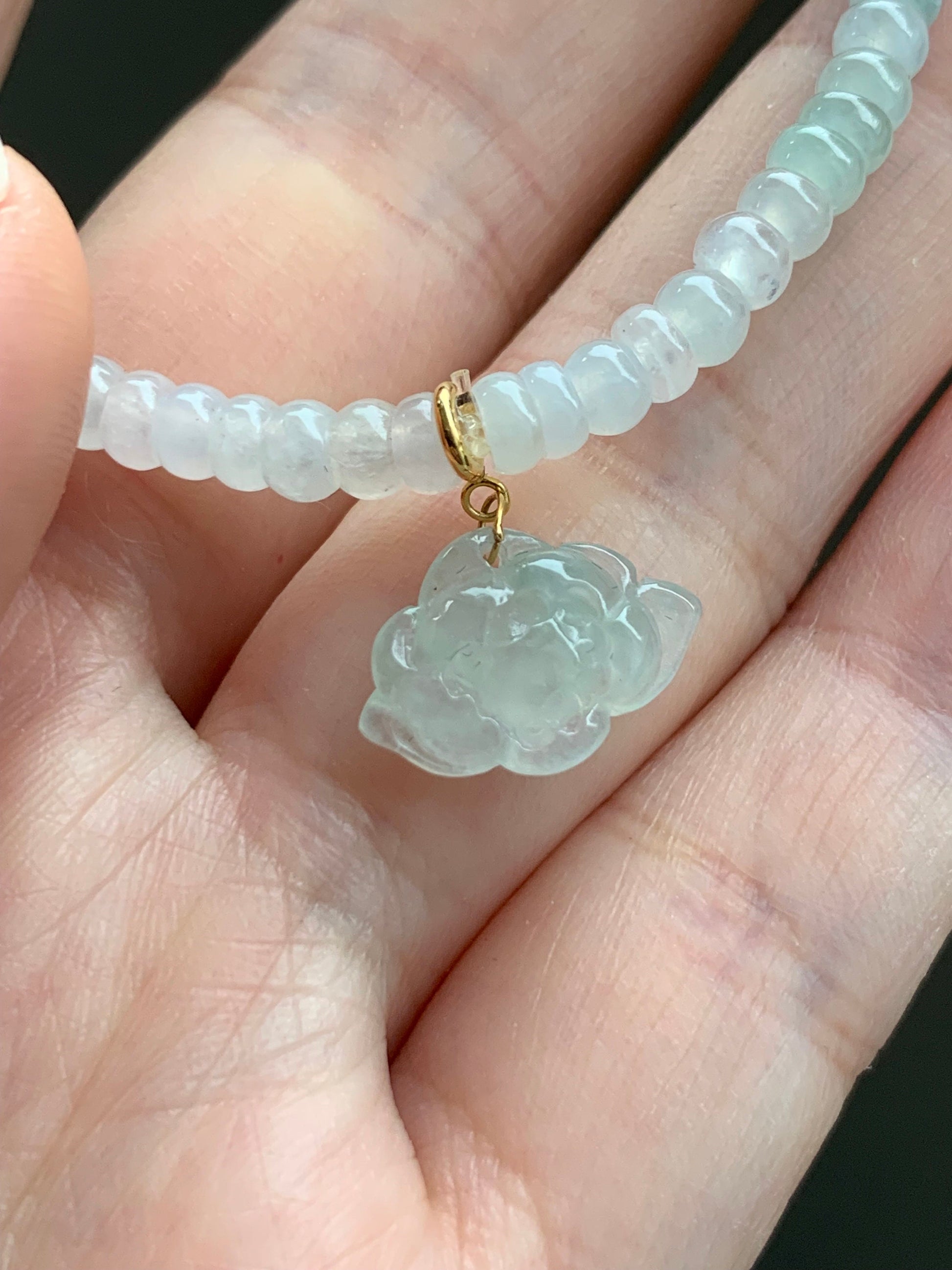 Certified Natural Burmese Premium Icy Jadeite Petite Flat Beads Bracelet Light Green Jadeite Lotus Flower Charm 18K 7.25” 天然缅甸冰胶翡翠算盘珠手串莲花意扣