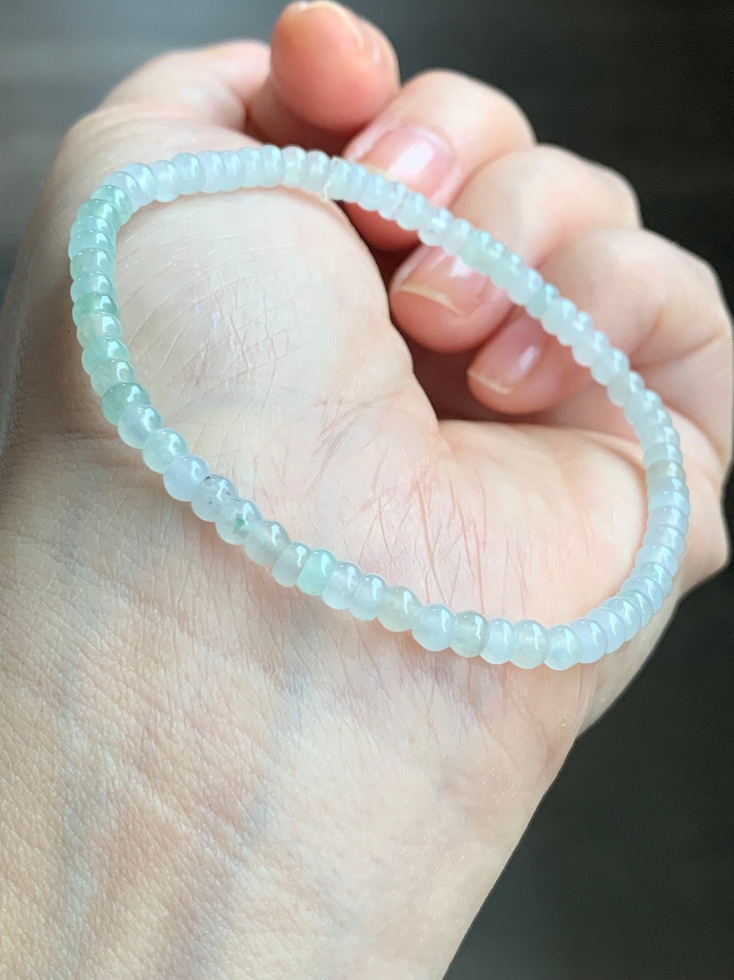 Certified Natural Burmese Premium Icy Jadeite Petite Flat Beads Bracelet Light Green Jadeite Lotus Flower Charm 18K 7.25” 天然缅甸冰胶翡翠算盘珠手串莲花意扣