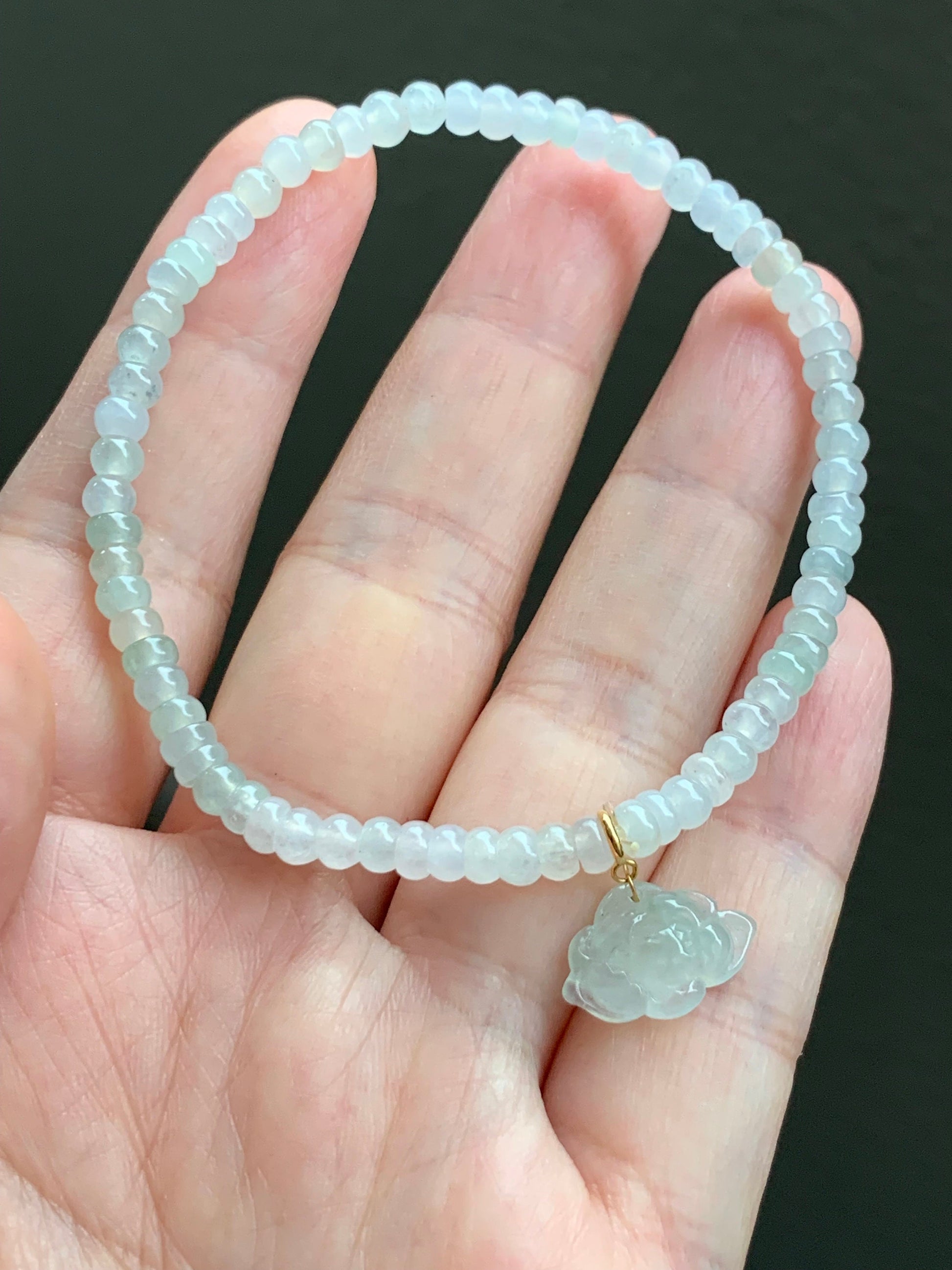 Certified Natural Burmese Premium Icy Jadeite Petite Flat Beads Bracelet Light Green Jadeite Lotus Flower Charm 18K 7.25” 天然缅甸冰胶翡翠算盘珠手串莲花意扣