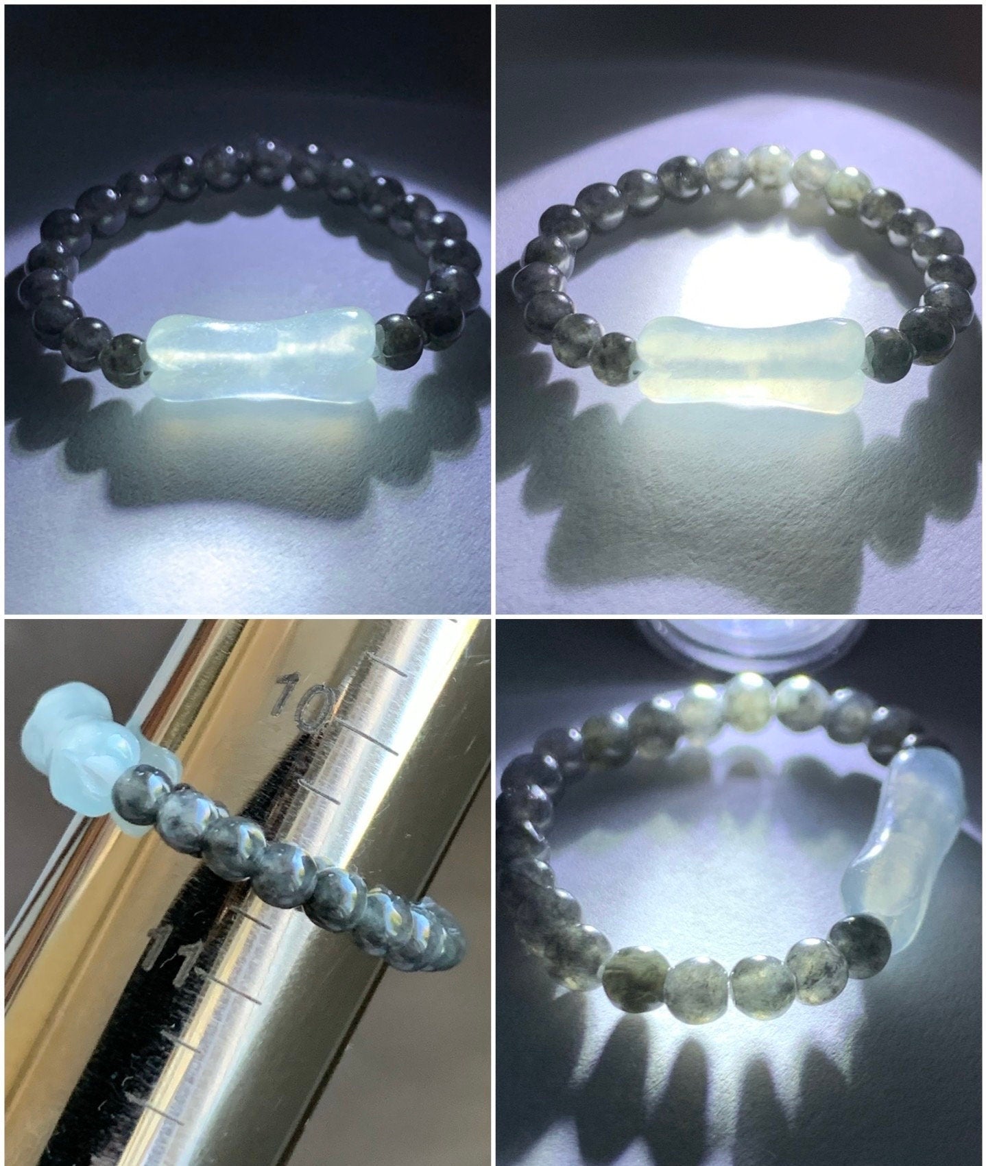 Natural Burmese Icy Translucent White Jadeite Petite Beads & Light Blue Turtle Shell Beaded Ring size 10.5 Stretchy 天然缅甸白冰起光翡翠小骨头戒圈