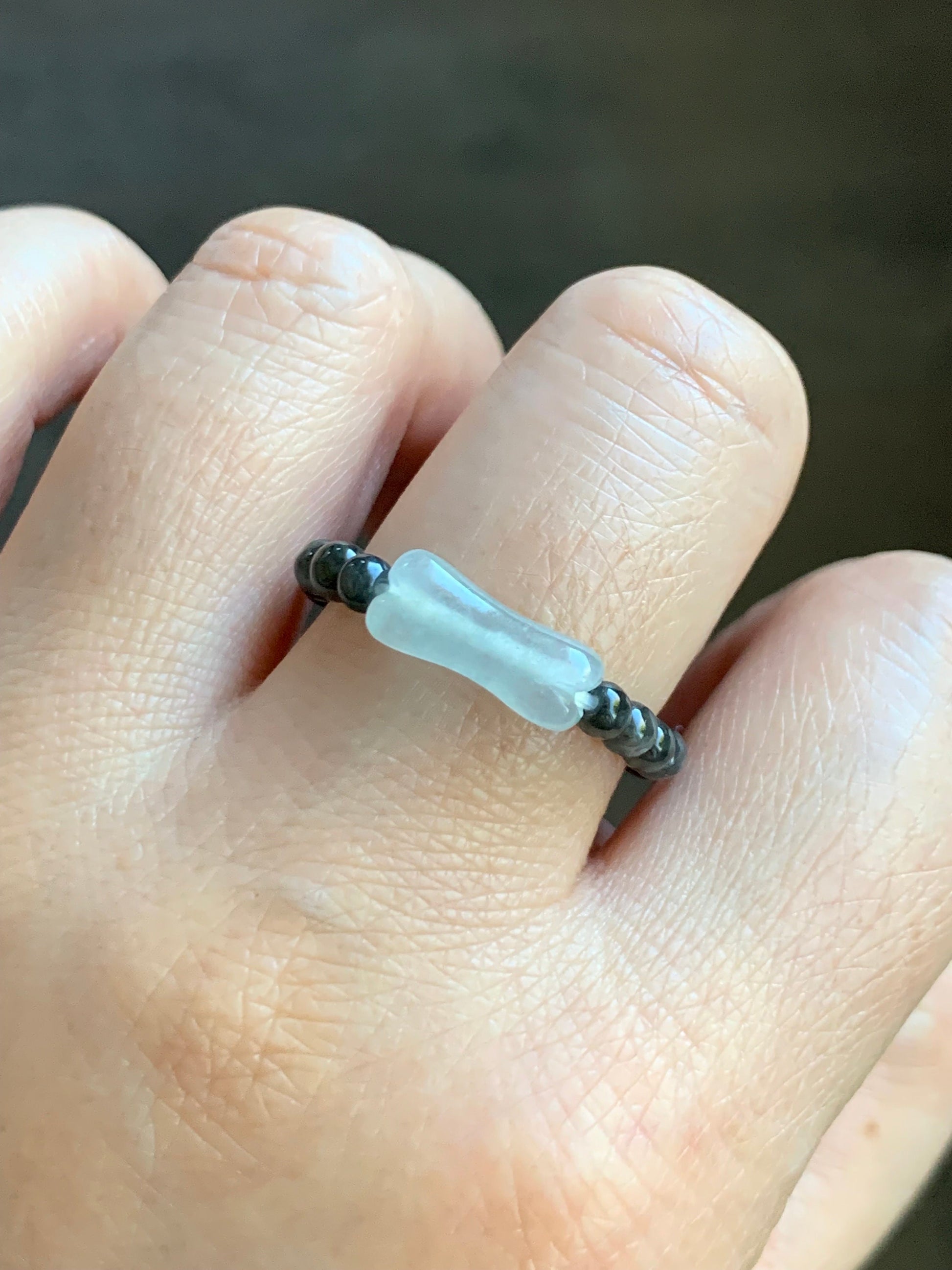 Natural Burmese Icy Translucent White Jadeite Petite Beads & Light Blue Turtle Shell Beaded Ring size 10.5 Stretchy 天然缅甸白冰起光翡翠小骨头戒圈