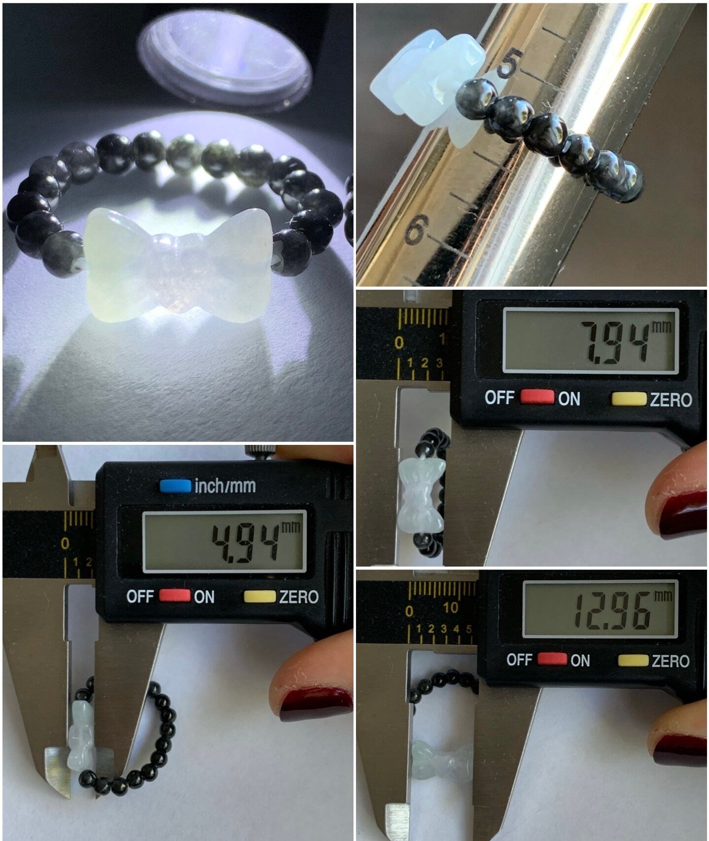 Natural Burmese Icy Translucent Gelatinous White Jadeite Bow Dark Wuji Jadeite Petite Beads Beaded Ring Stretchy 天然缅甸白冰起光翡翠蝴蝶结乌鸡翡翠戒圈