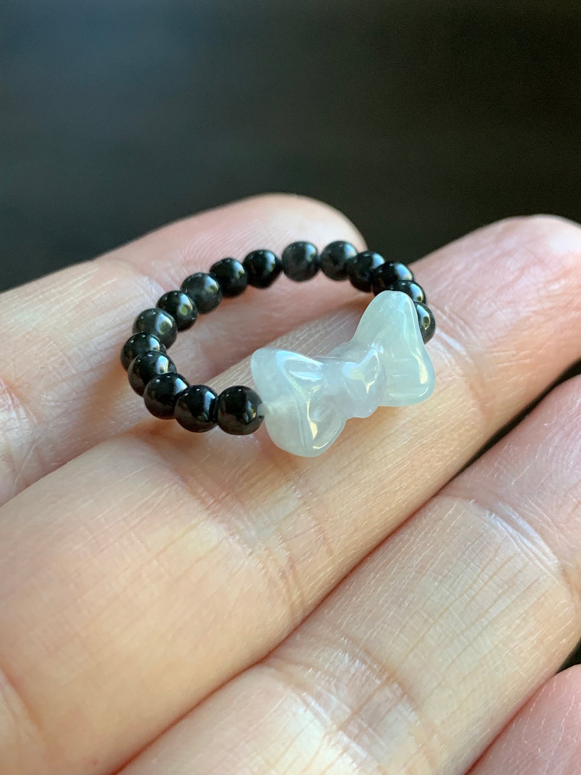 Natural Burmese Icy Translucent Gelatinous White Jadeite Bow Dark Wuji Jadeite Petite Beads Beaded Ring Stretchy 天然缅甸白冰起光翡翠蝴蝶结乌鸡翡翠戒圈