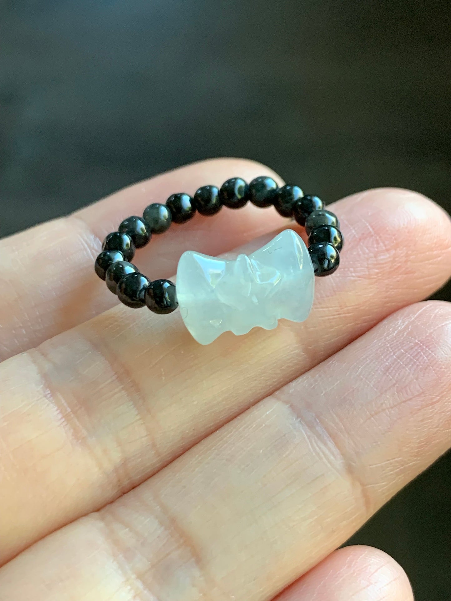 Natural Burmese Icy Translucent Gelatinous White Jadeite Bow Dark Wuji Jadeite Petite Beads Beaded Ring Stretchy 天然缅甸白冰起光翡翠蝴蝶结乌鸡翡翠戒圈