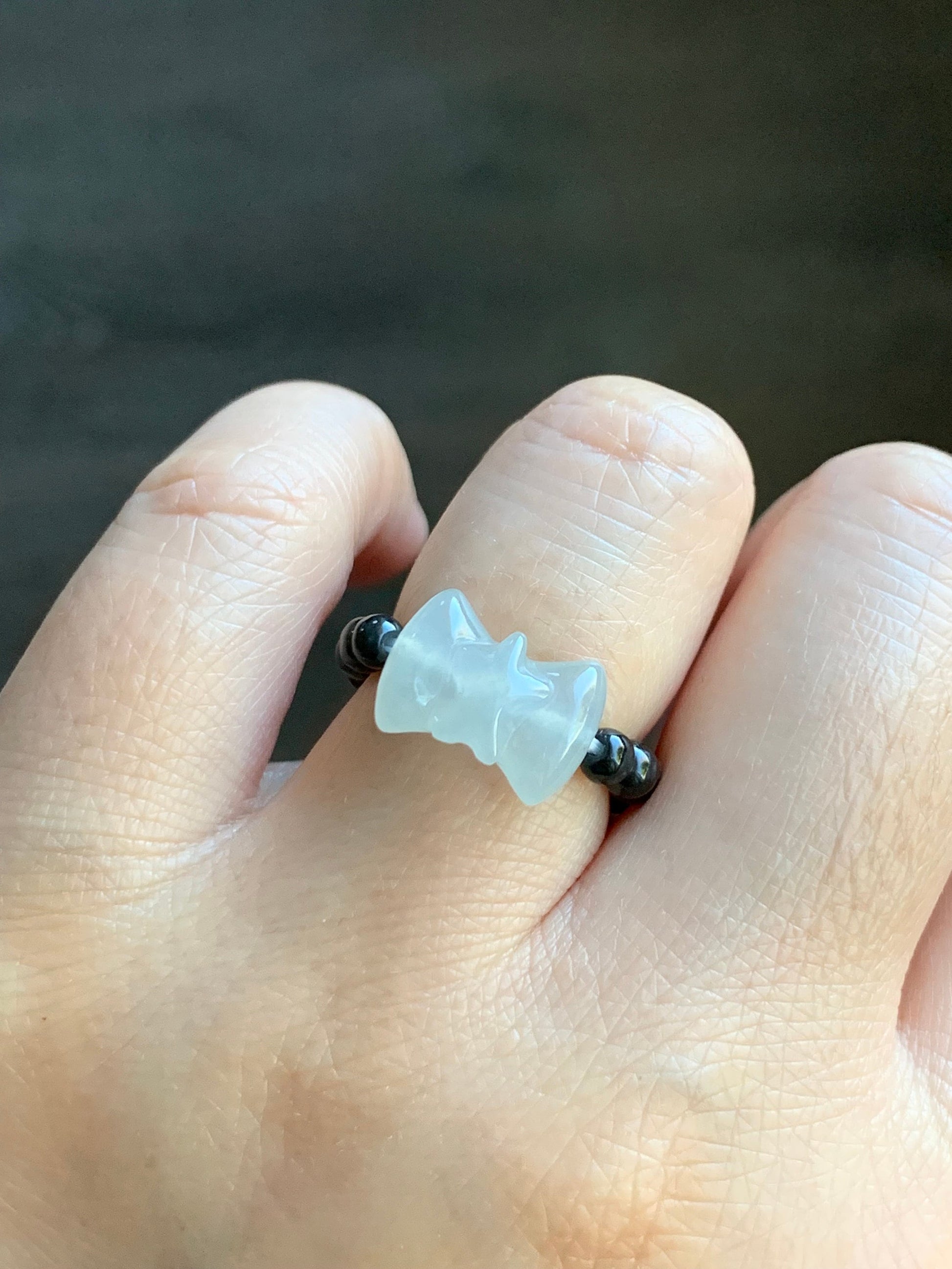 Natural Burmese Icy Translucent Gelatinous White Jadeite Bow Dark Wuji Jadeite Petite Beads Beaded Ring Stretchy 天然缅甸白冰起光翡翠蝴蝶结乌鸡翡翠戒圈