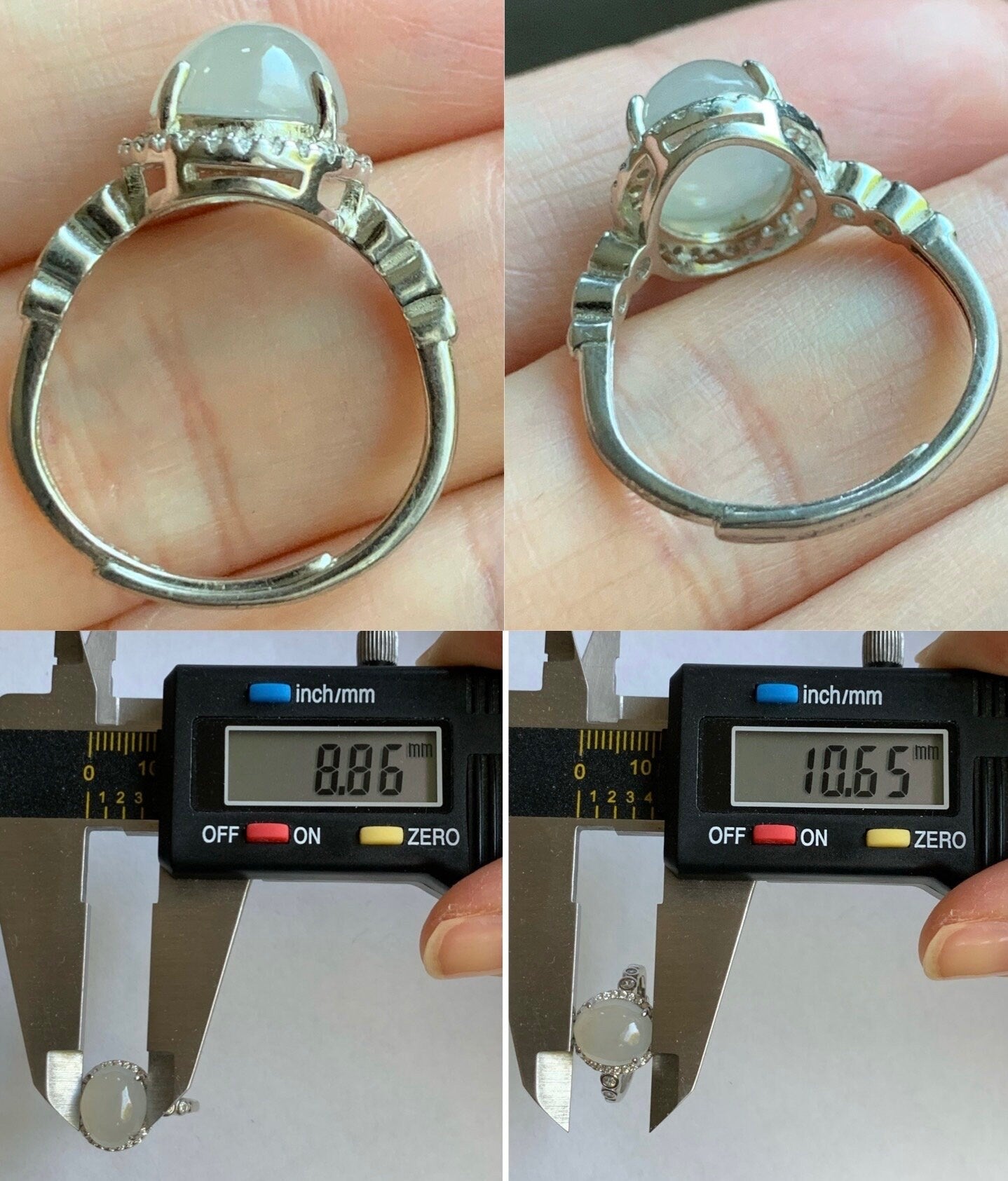 Natural Burmese Icy Translucent White Jadeite Oval Cabochon Solitaire Ring S925 Sterling Silver Size 6.5 Adjustable 天然缅甸白冰翡翠蛋面银镶戒指 1120F