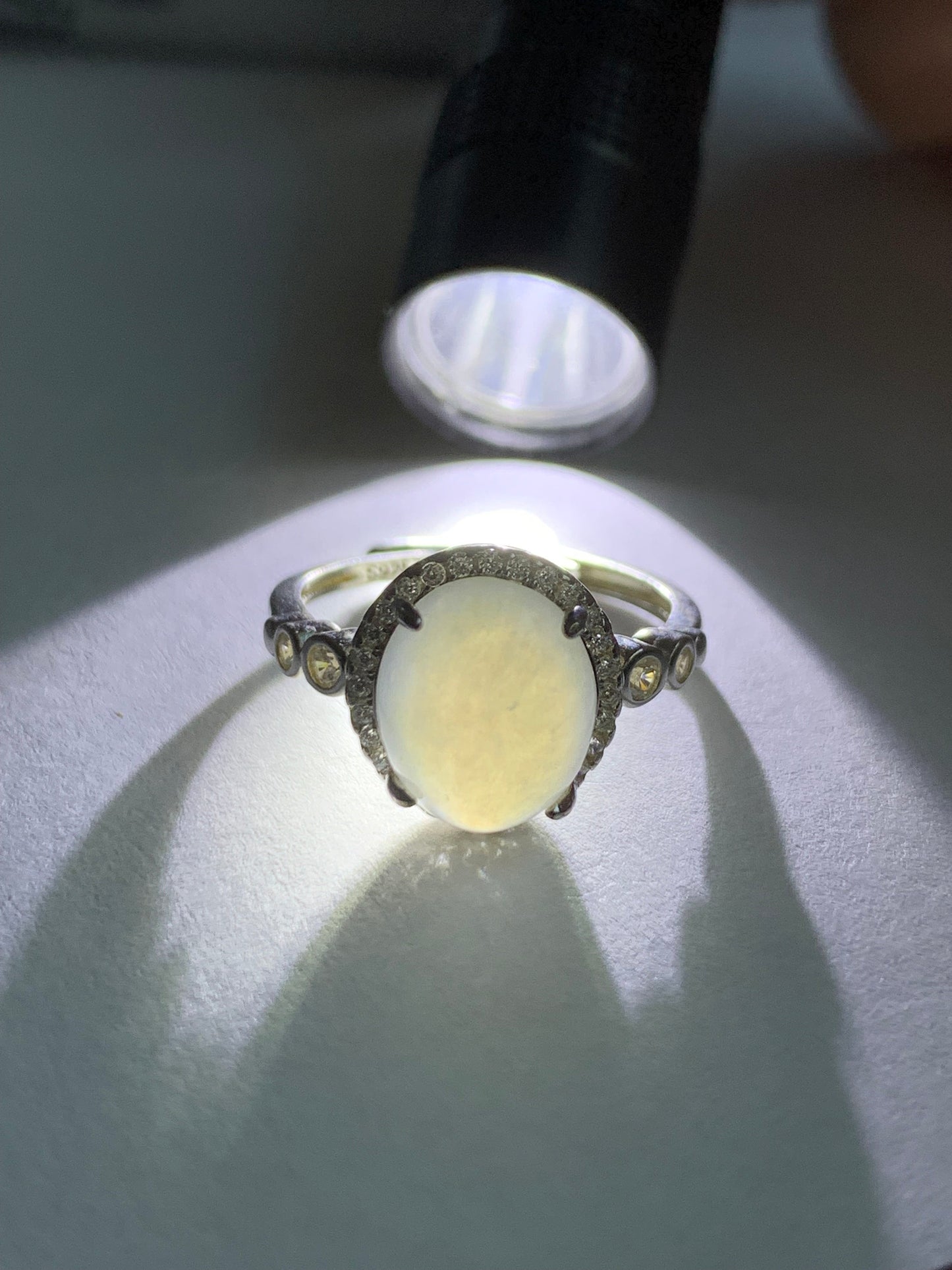 Natural Burmese Icy Translucent White Jadeite Oval Cabochon Solitaire Ring S925 Sterling Silver Size 6.5 Adjustable 天然缅甸白冰翡翠蛋面银镶戒指 1120F