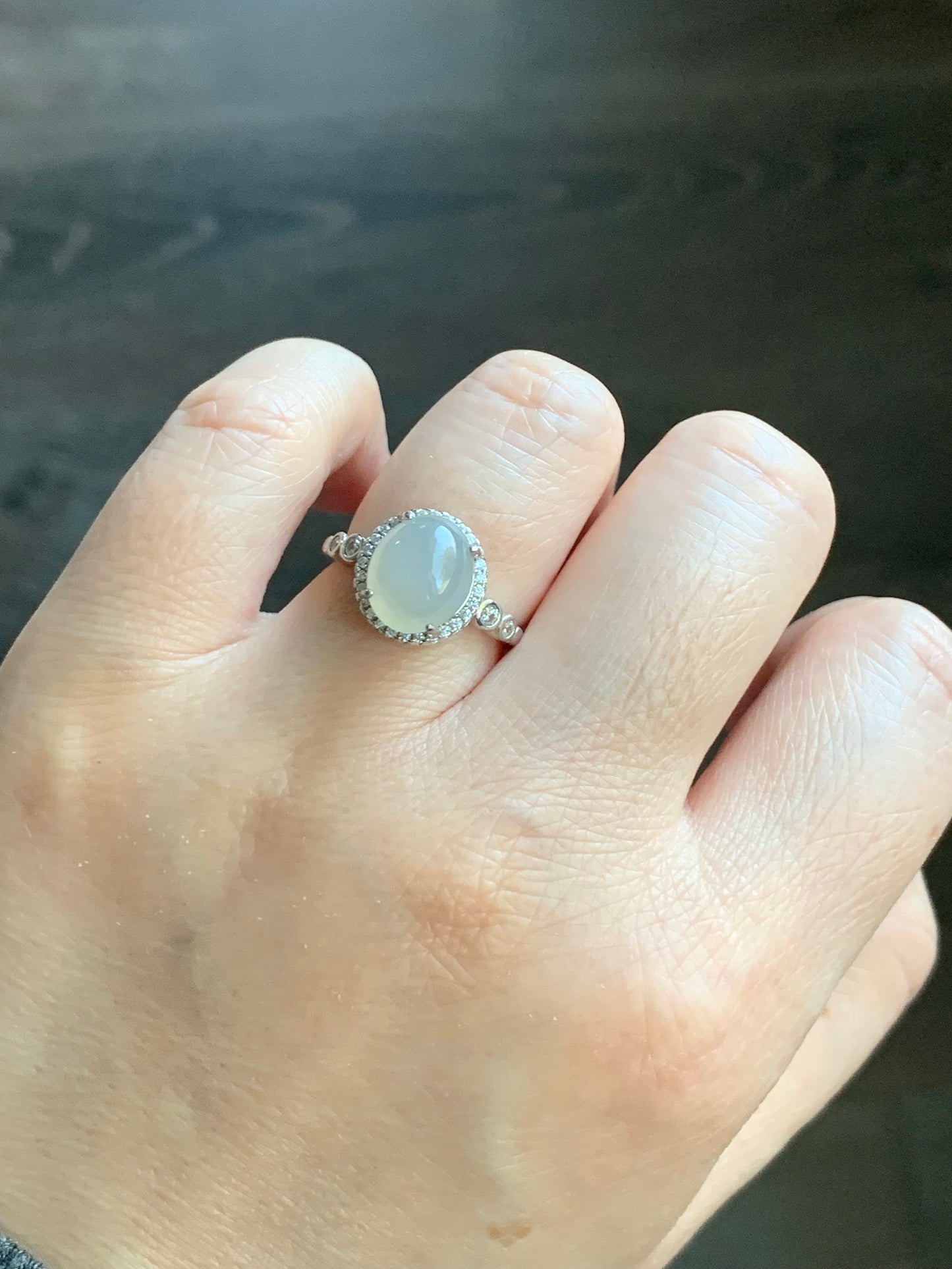 Natural Burmese Icy Translucent White Jadeite Oval Cabochon Solitaire Ring S925 Sterling Silver Size 6.5 Adjustable 天然缅甸白冰翡翠蛋面银镶戒指 1120F