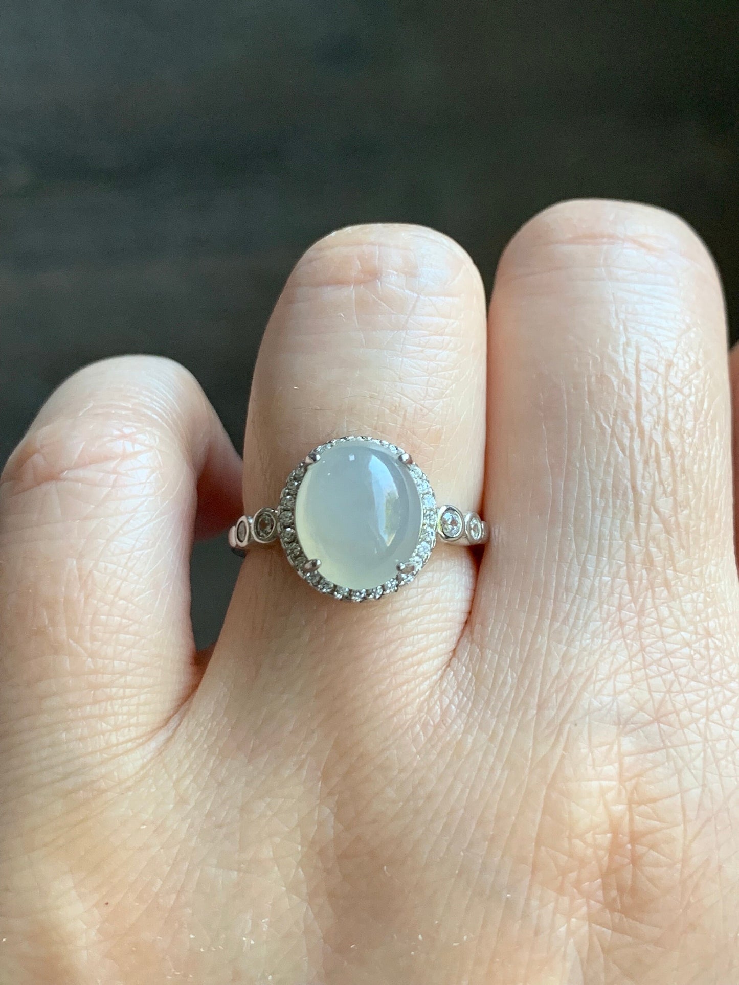 Natural Burmese Icy Translucent White Jadeite Oval Cabochon Solitaire Ring S925 Sterling Silver Size 6.5 Adjustable 天然缅甸白冰翡翠蛋面银镶戒指 1120F