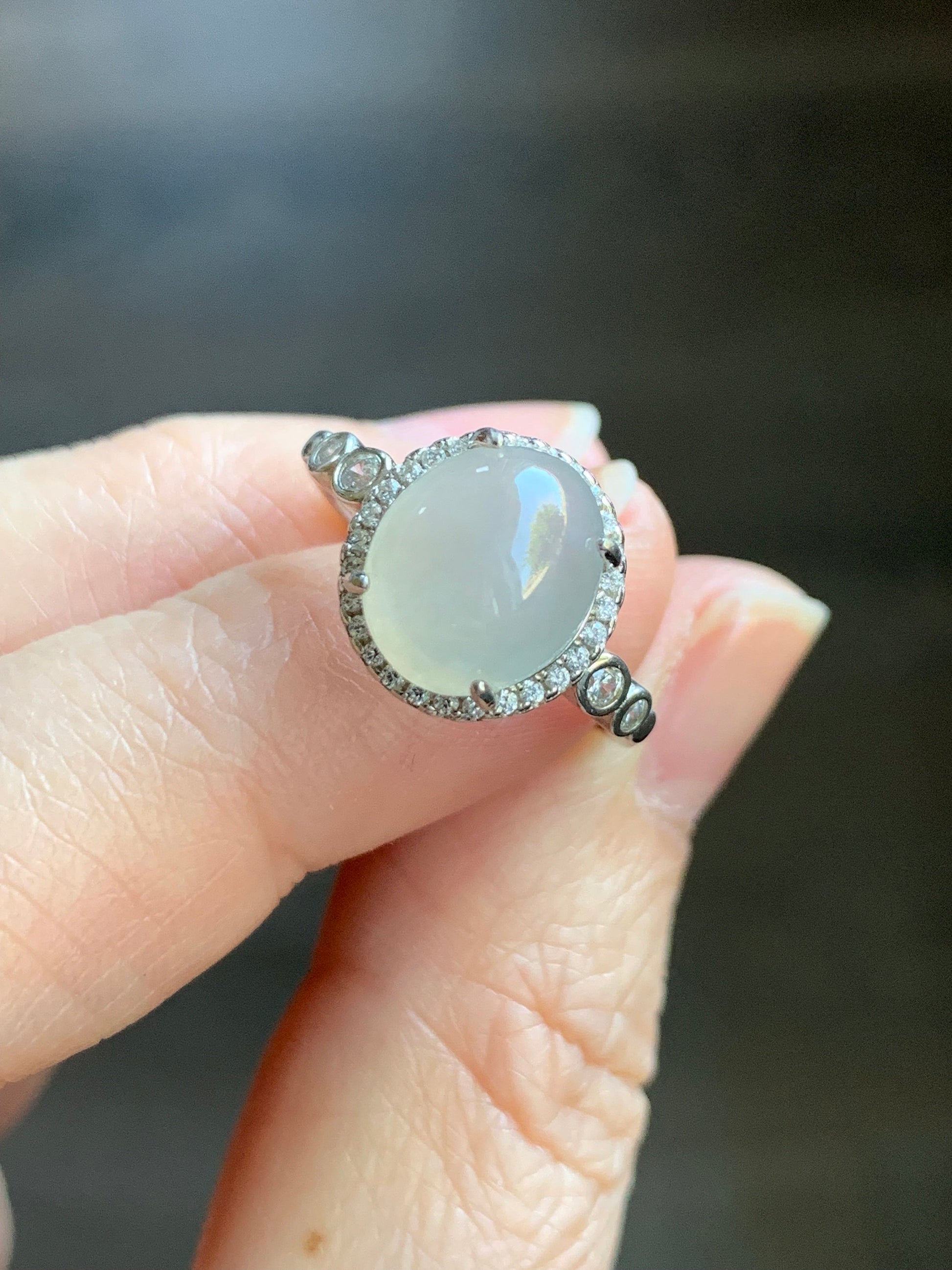 Natural Burmese Icy Translucent White Jadeite Oval Cabochon Solitaire Ring S925 Sterling Silver Size 6.5 Adjustable 天然缅甸白冰翡翠蛋面银镶戒指 1120F