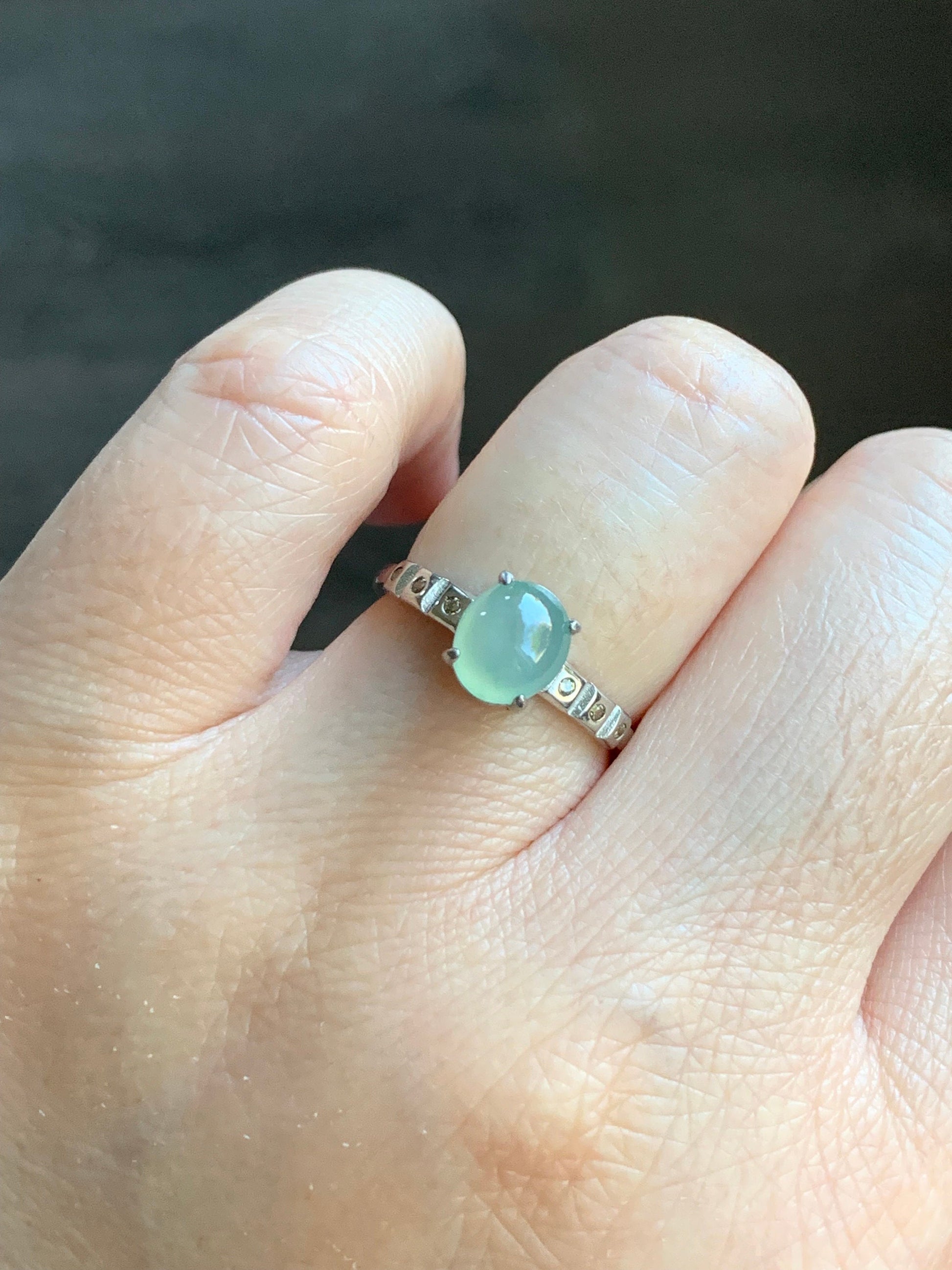 Natural Burmese Icy Translucent Light Green Jadeite Oval Cabochon Solitaire Ring S925 Sterling Silver Size 6.5 天然缅甸冰晴色翡翠蛋面银镶戒指 1120D