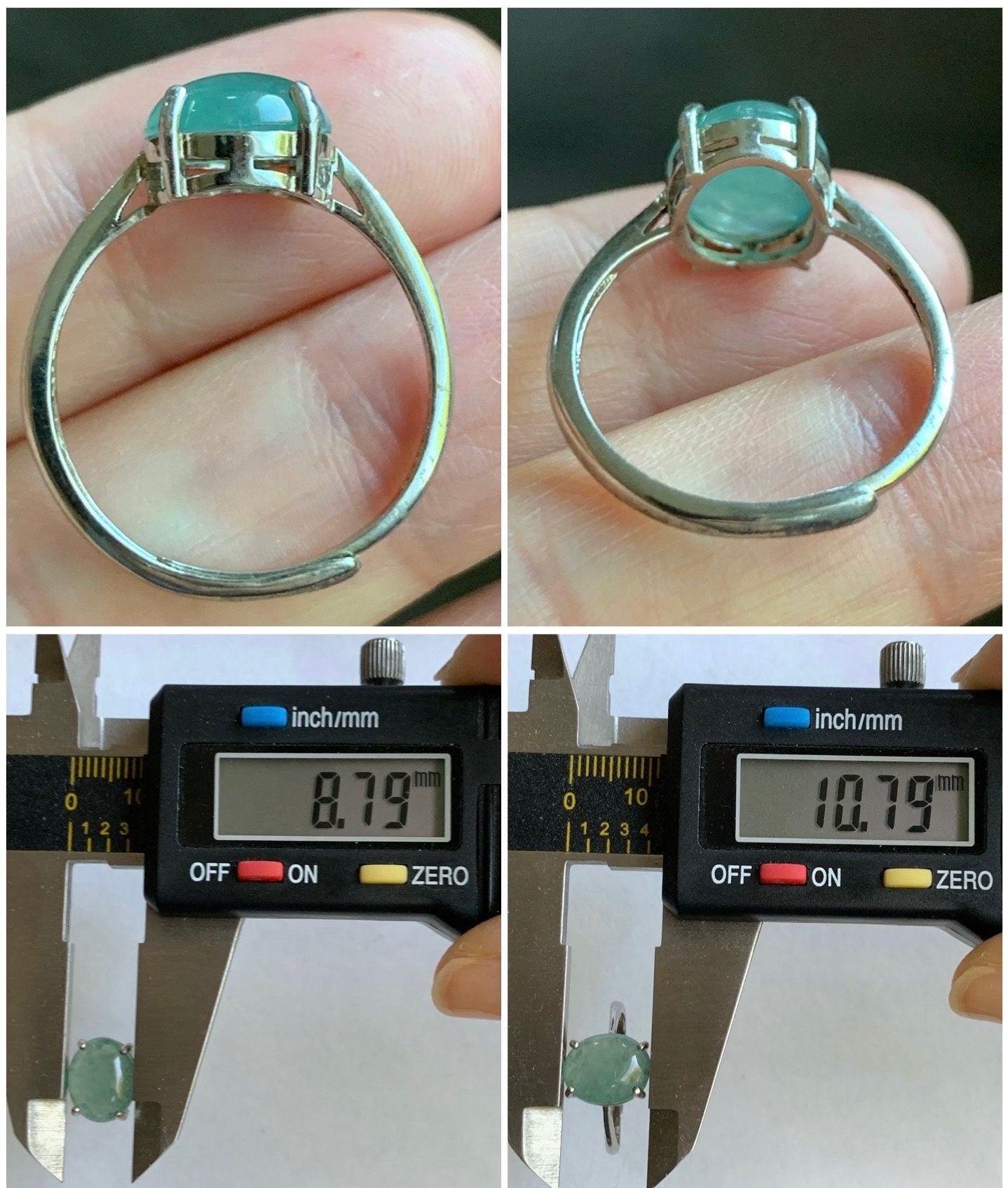 Natural Burmese Icy Translucent Dusty Teal Green Jadeite Oval Cabochon Solitaire Ring S925 Sterling Silver Size 7 天然缅甸冰蓝绿色翡翠蛋面银镶戒指 1120C