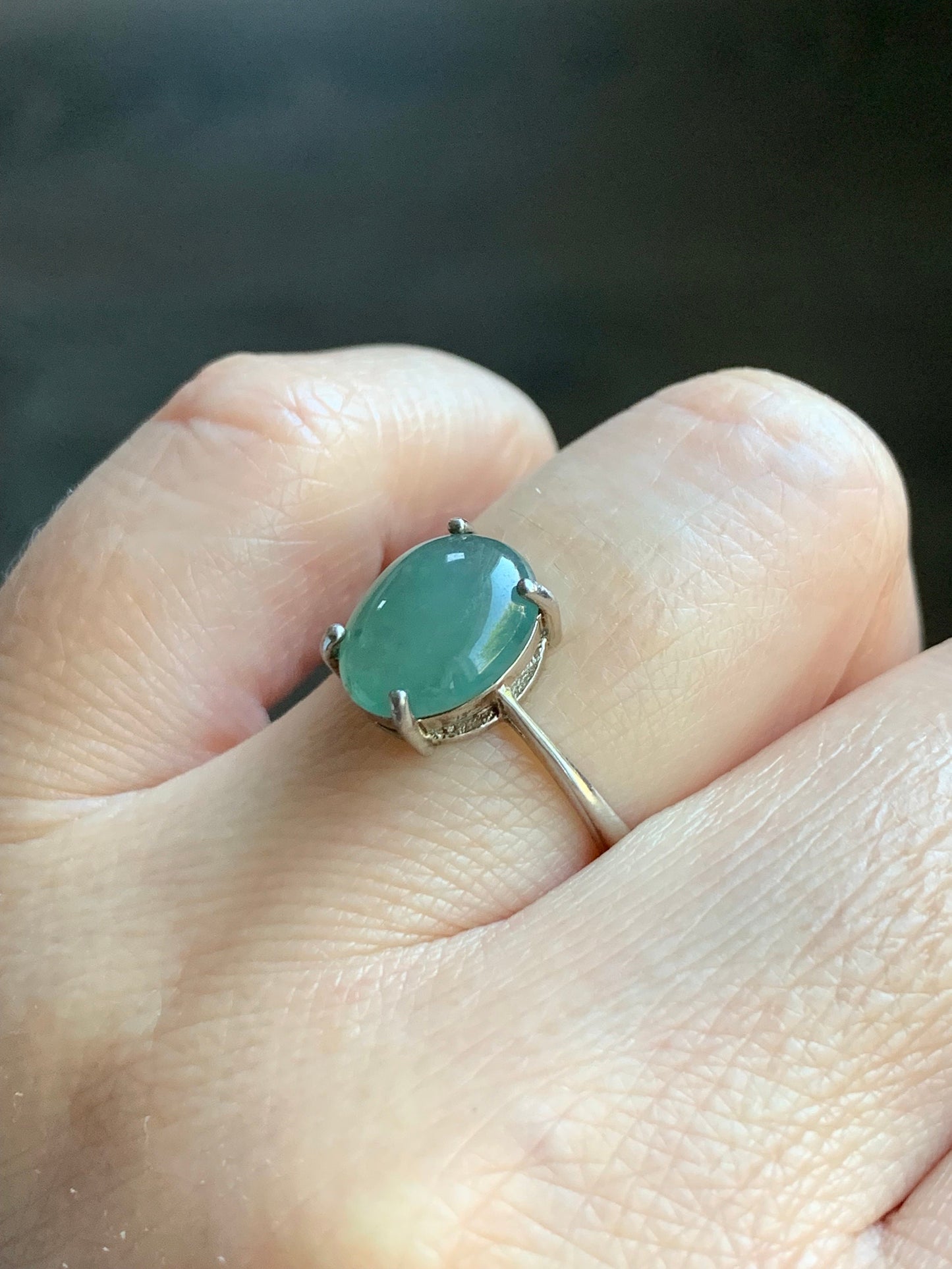 Natural Burmese Icy Translucent Dusty Teal Green Jadeite Oval Cabochon Solitaire Ring S925 Sterling Silver Size 7 天然缅甸冰蓝绿色翡翠蛋面银镶戒指 1120C