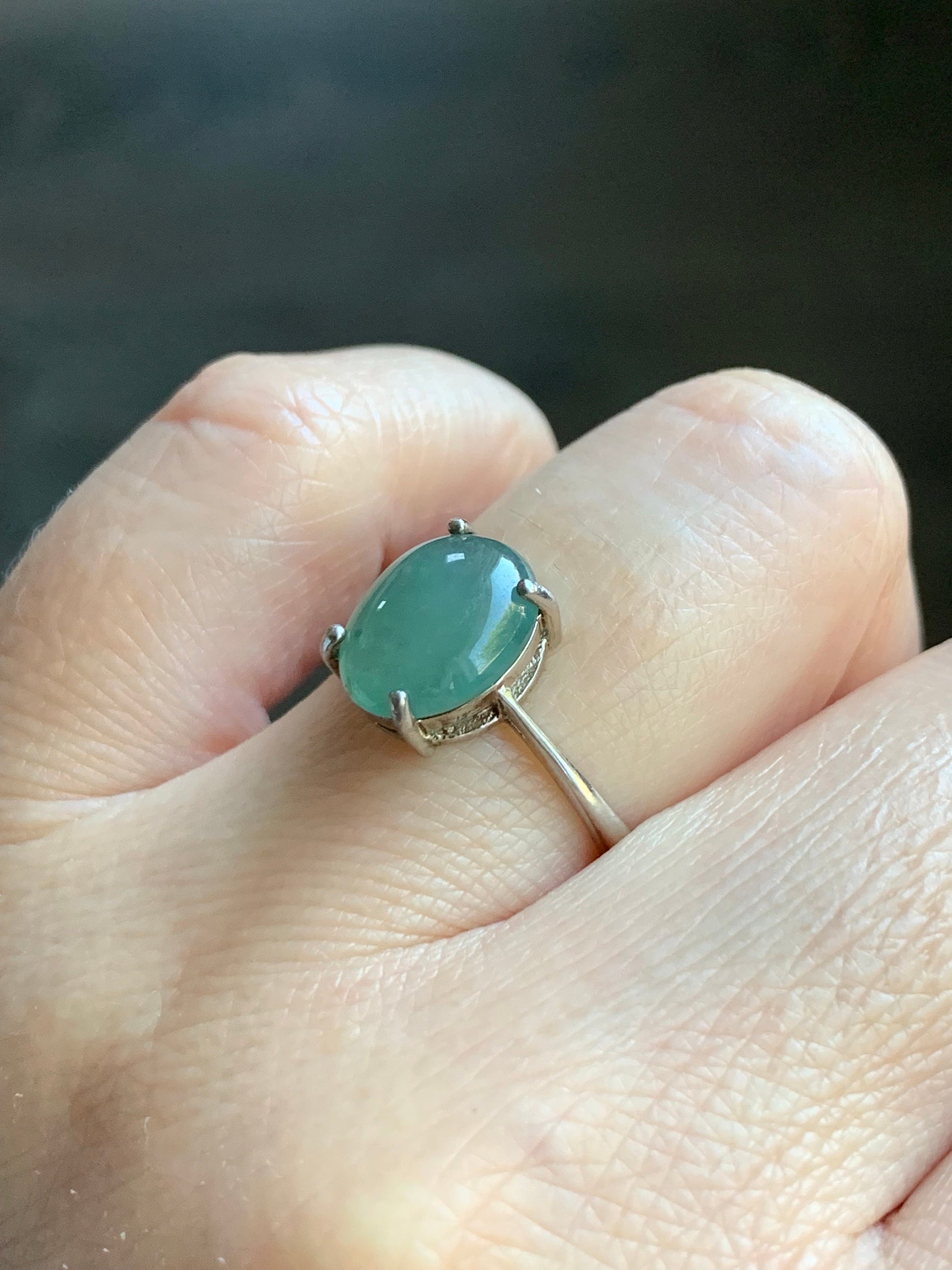 Natural Burmese Icy Translucent Dusty Teal Green Jadeite Oval Cabochon Solitaire Ring S925 Sterling Silver Size 7 天然缅甸冰蓝绿色翡翠蛋面银镶戒指 1120C