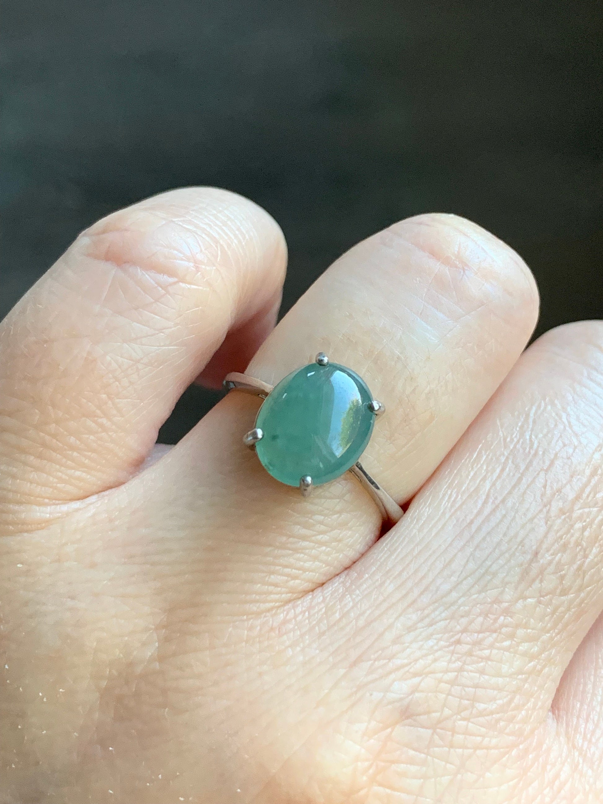 Natural Burmese Icy Translucent Dusty Teal Green Jadeite Oval Cabochon Solitaire Ring S925 Sterling Silver Size 7 天然缅甸冰蓝绿色翡翠蛋面银镶戒指 1120C
