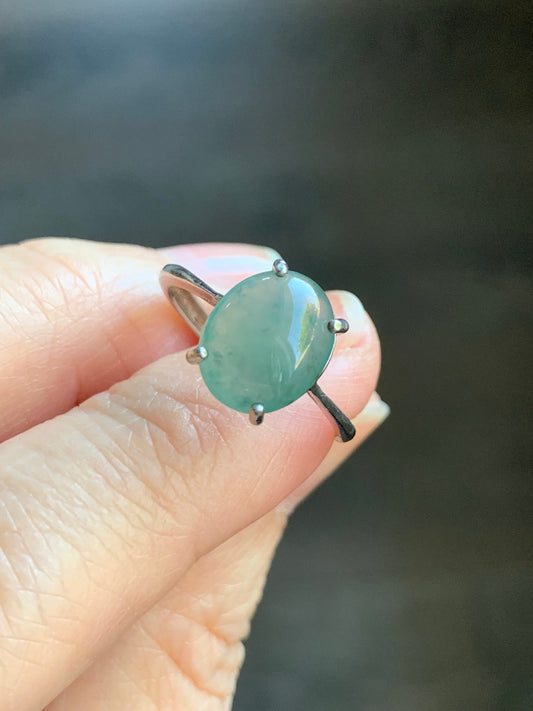 Natural Burmese Icy Translucent Dusty Teal Green Jadeite Oval Cabochon Solitaire Ring S925 Sterling Silver Size 7 天然缅甸冰蓝绿色翡翠蛋面银镶戒指 1120C