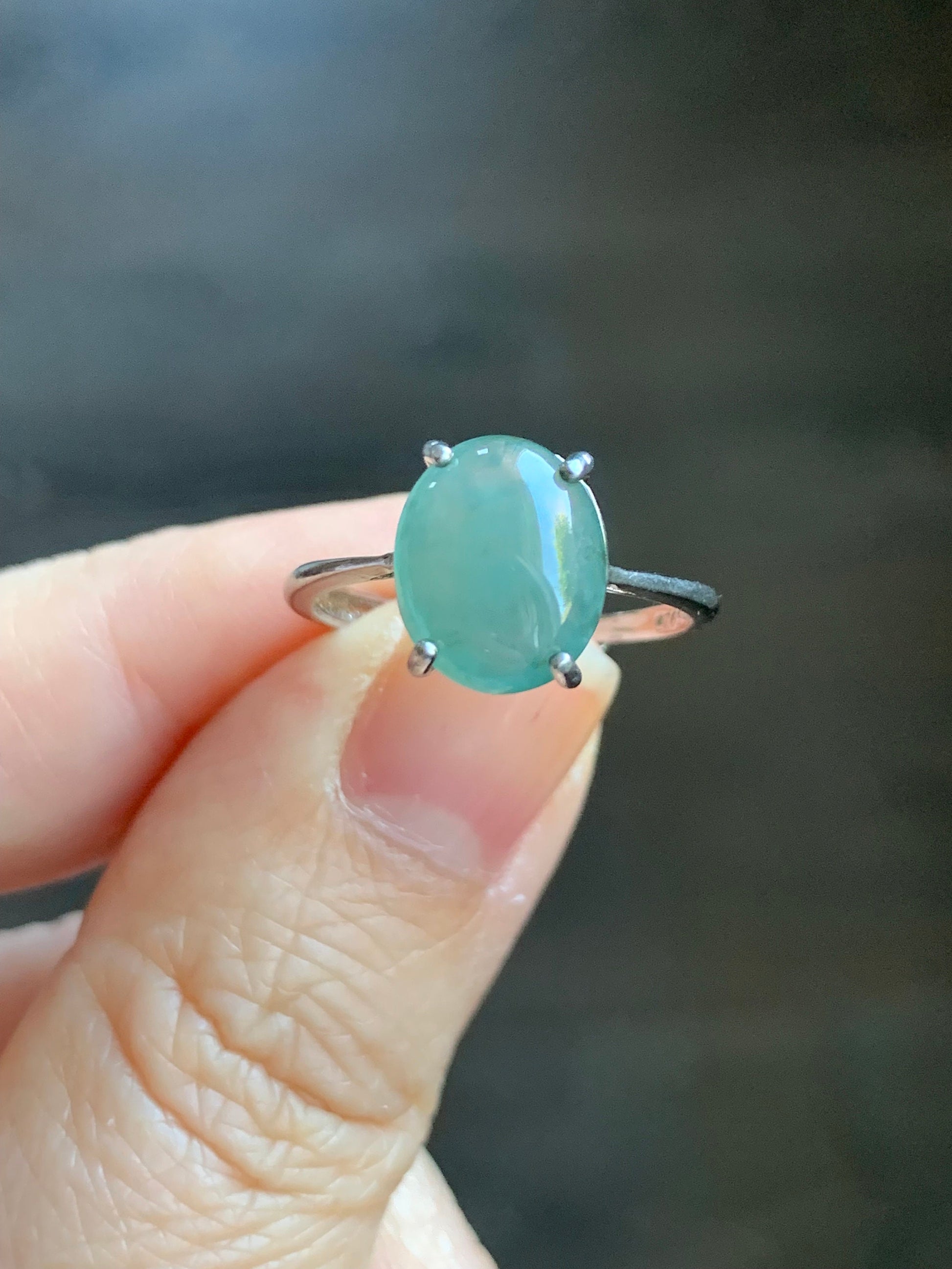 Natural Burmese Icy Translucent Dusty Teal Green Jadeite Oval Cabochon Solitaire Ring S925 Sterling Silver Size 7 天然缅甸冰蓝绿色翡翠蛋面银镶戒指 1120C