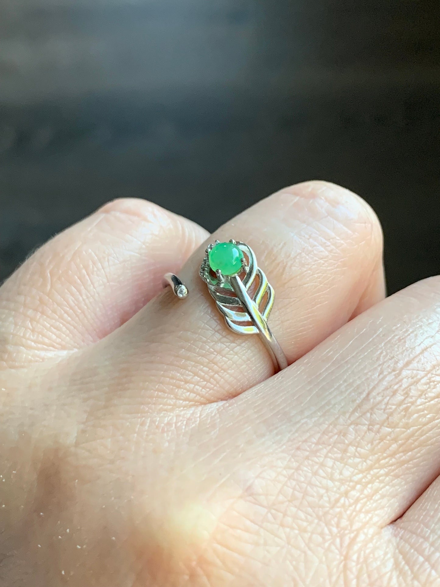 Natural Burmese Icy Translucent Apple Green Jadeite Feather Design Bypass Ring S925 Sterling Silver Sz 6.5 Adjustable 天然缅甸果绿翡翠羽毛开口银镶戒指 1120B