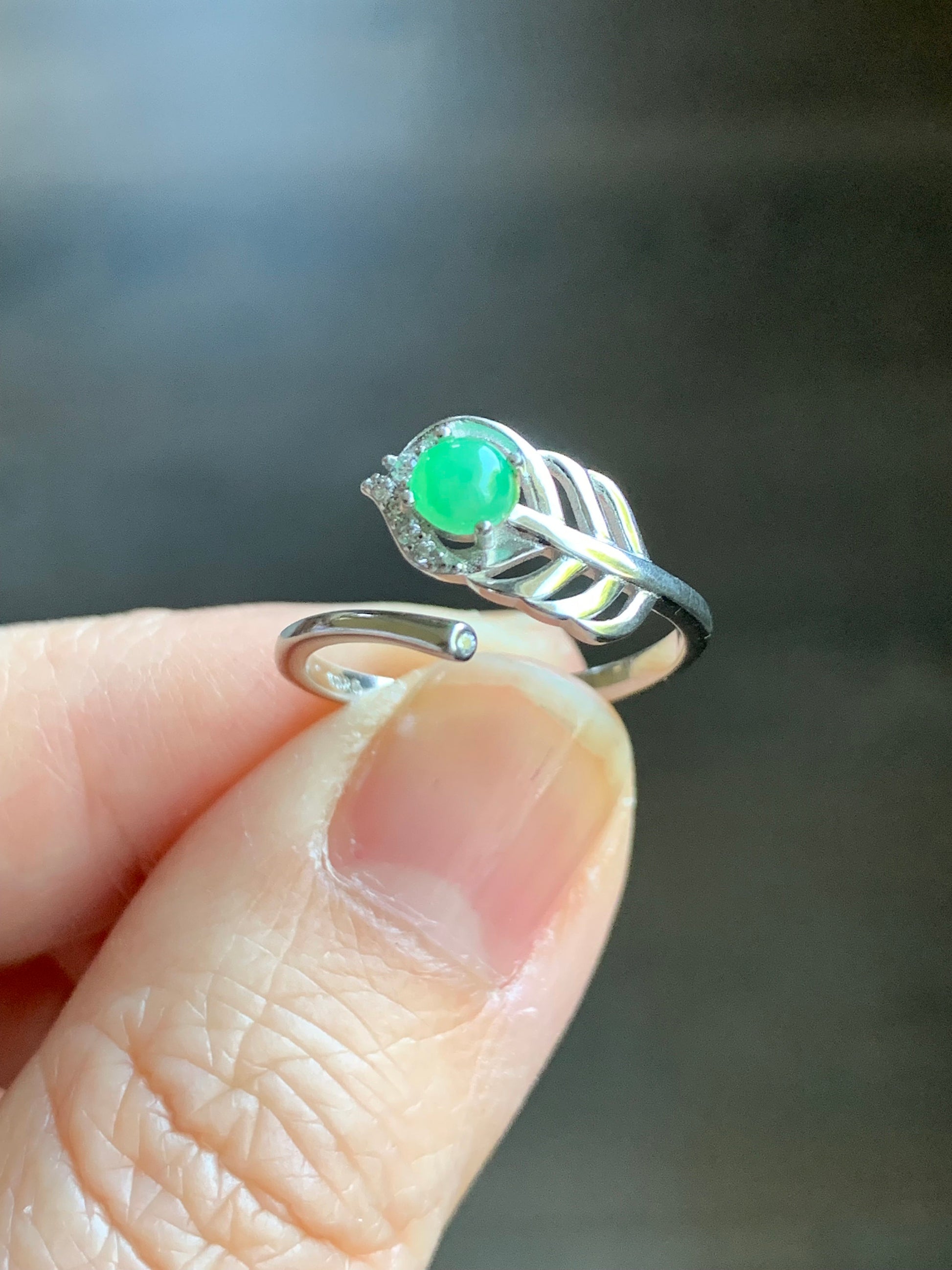Natural Burmese Icy Translucent Apple Green Jadeite Feather Design Bypass Ring S925 Sterling Silver Sz 6.5 Adjustable 天然缅甸果绿翡翠羽毛开口银镶戒指 1120B