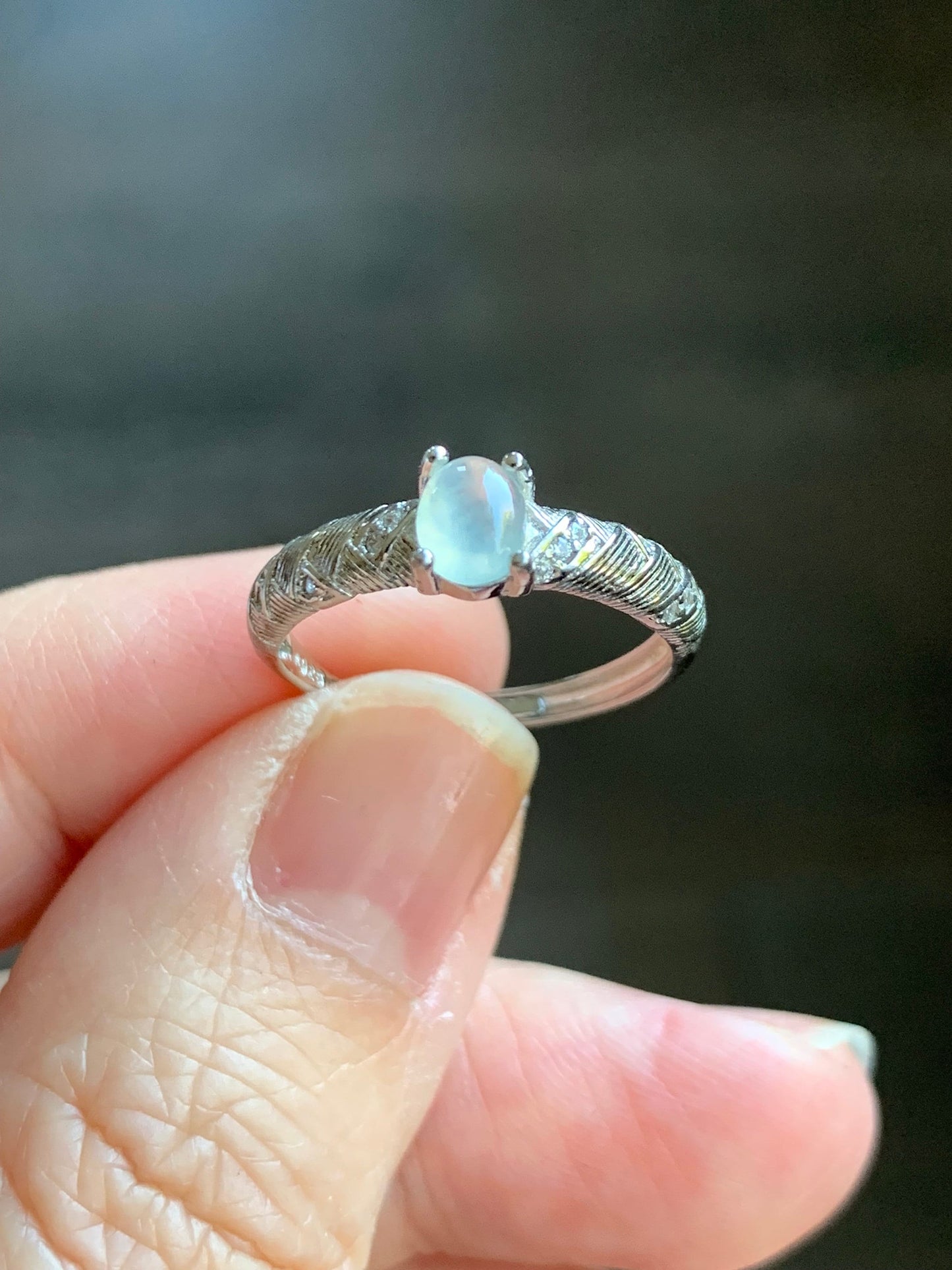 Natural Burmese Icy Translucent White Jadeite Oval Cabochon Solitaire Ring S925 Sterling Silver Size 6.75 Adjustable 天然缅甸白冰翡翠蛋面银镶戒指 1120A