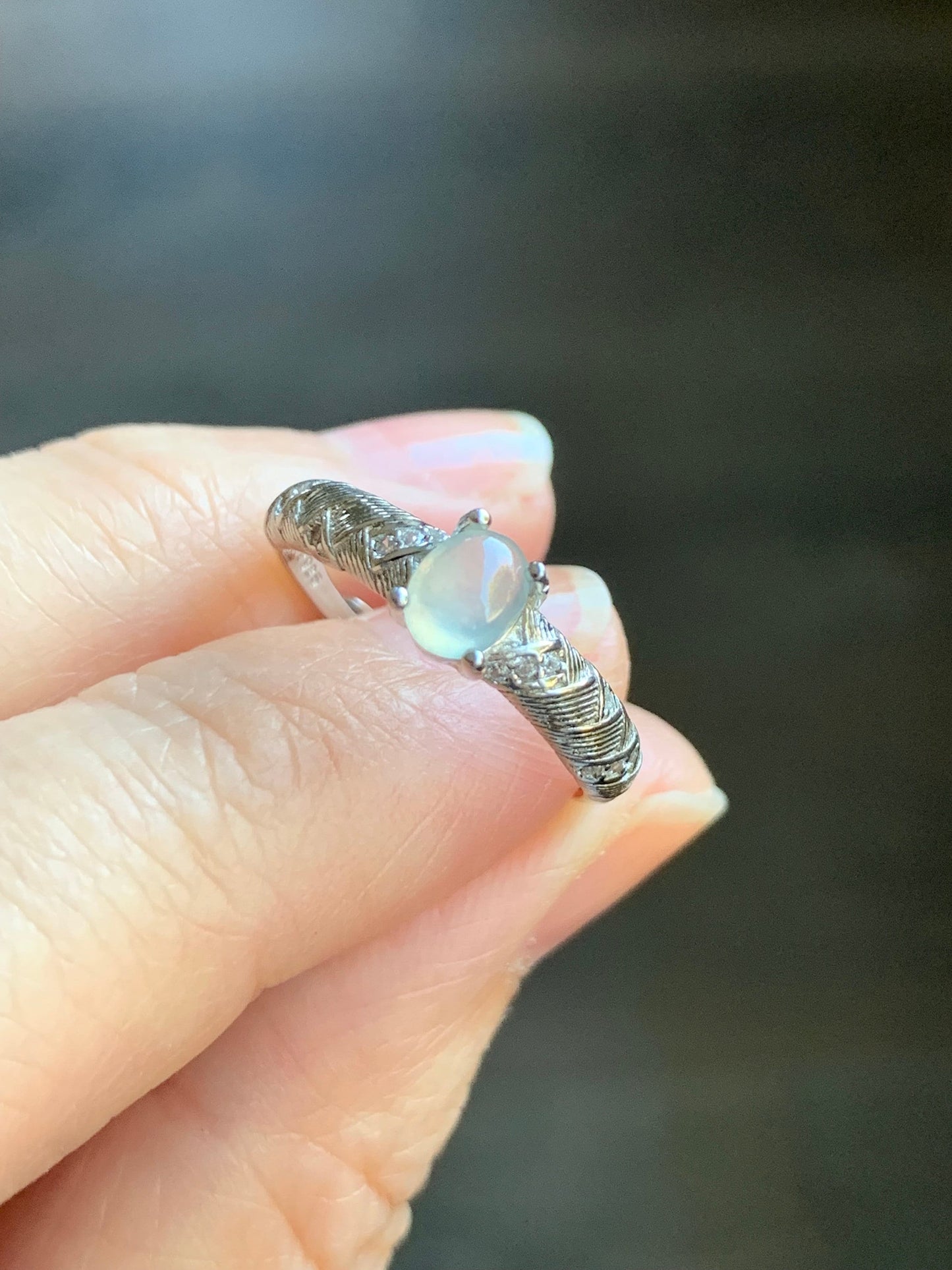 Natural Burmese Icy Translucent White Jadeite Oval Cabochon Solitaire Ring S925 Sterling Silver Size 6.75 Adjustable 天然缅甸白冰翡翠蛋面银镶戒指 1120A