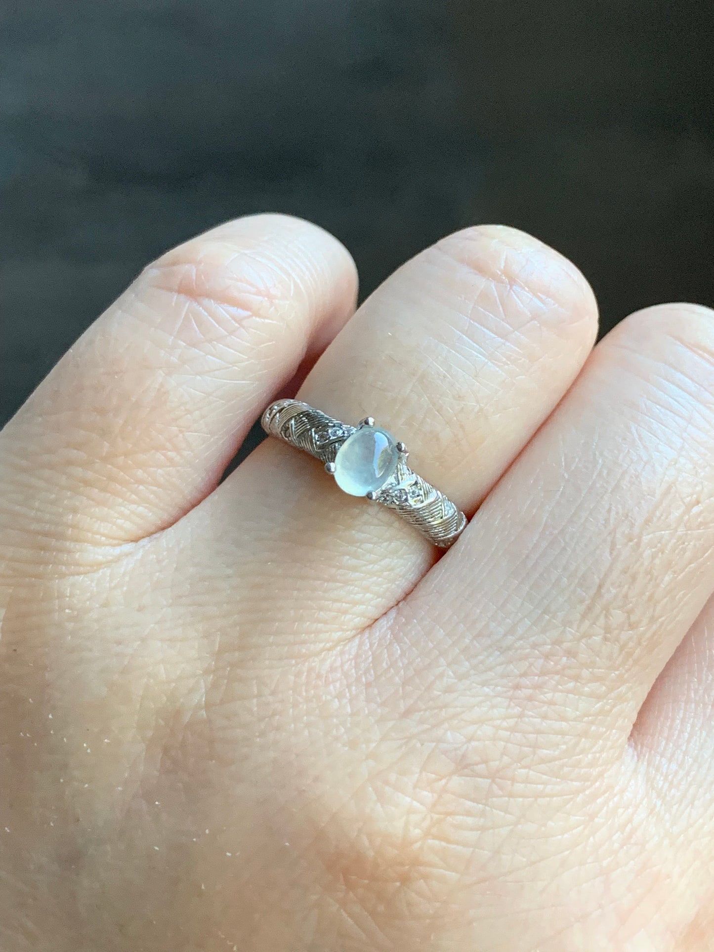 Natural Burmese Icy Translucent White Jadeite Oval Cabochon Solitaire Ring S925 Sterling Silver Size 6.75 Adjustable 天然缅甸白冰翡翠蛋面银镶戒指 1120A