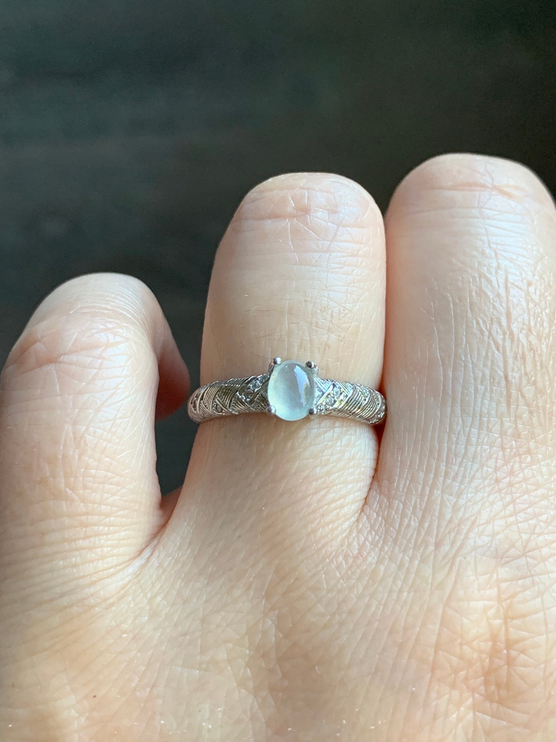 Natural Burmese Icy Translucent White Jadeite Oval Cabochon Solitaire Ring S925 Sterling Silver Size 6.75 Adjustable 天然缅甸白冰翡翠蛋面银镶戒指 1120A