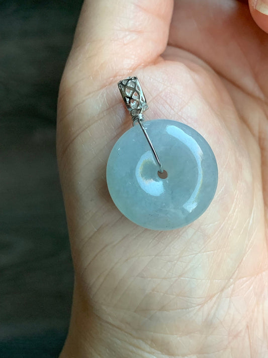 Natural Burmese Icy Translucent Gelatinous Light Blue Wuji Jadeite Ping An Kou Donut Pendant Sterling Silver 天然缅甸冰胶淡蓝乌鸡翡翠平安扣吊坠 B