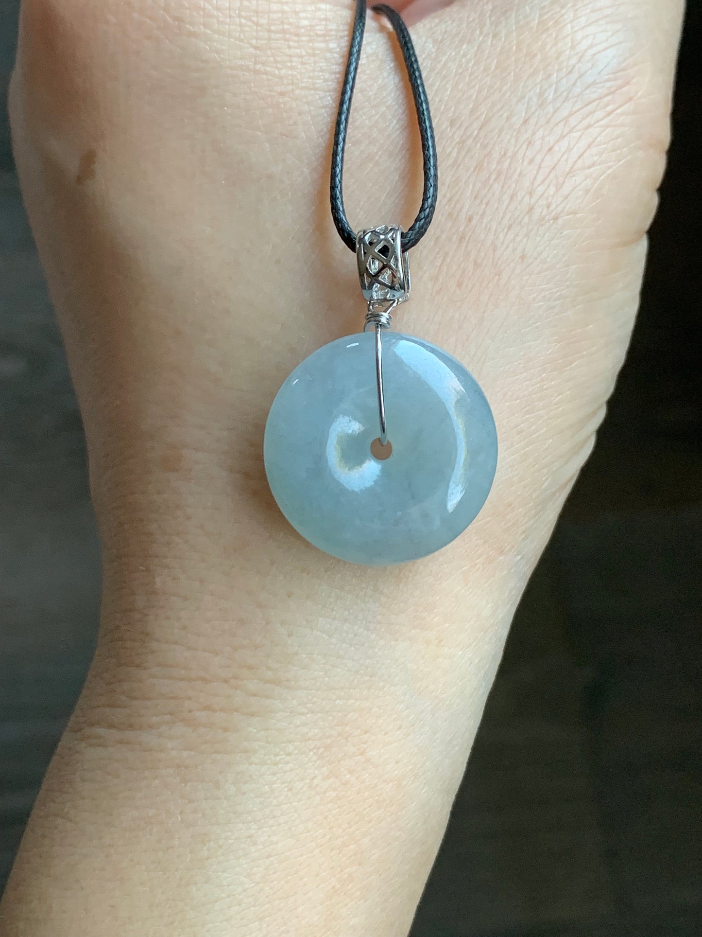 Natural Burmese Icy Translucent Gelatinous Light Blue Wuji Jadeite Ping An Kou Donut Pendant Sterling Silver 天然缅甸冰胶淡蓝乌鸡翡翠平安扣吊坠 B