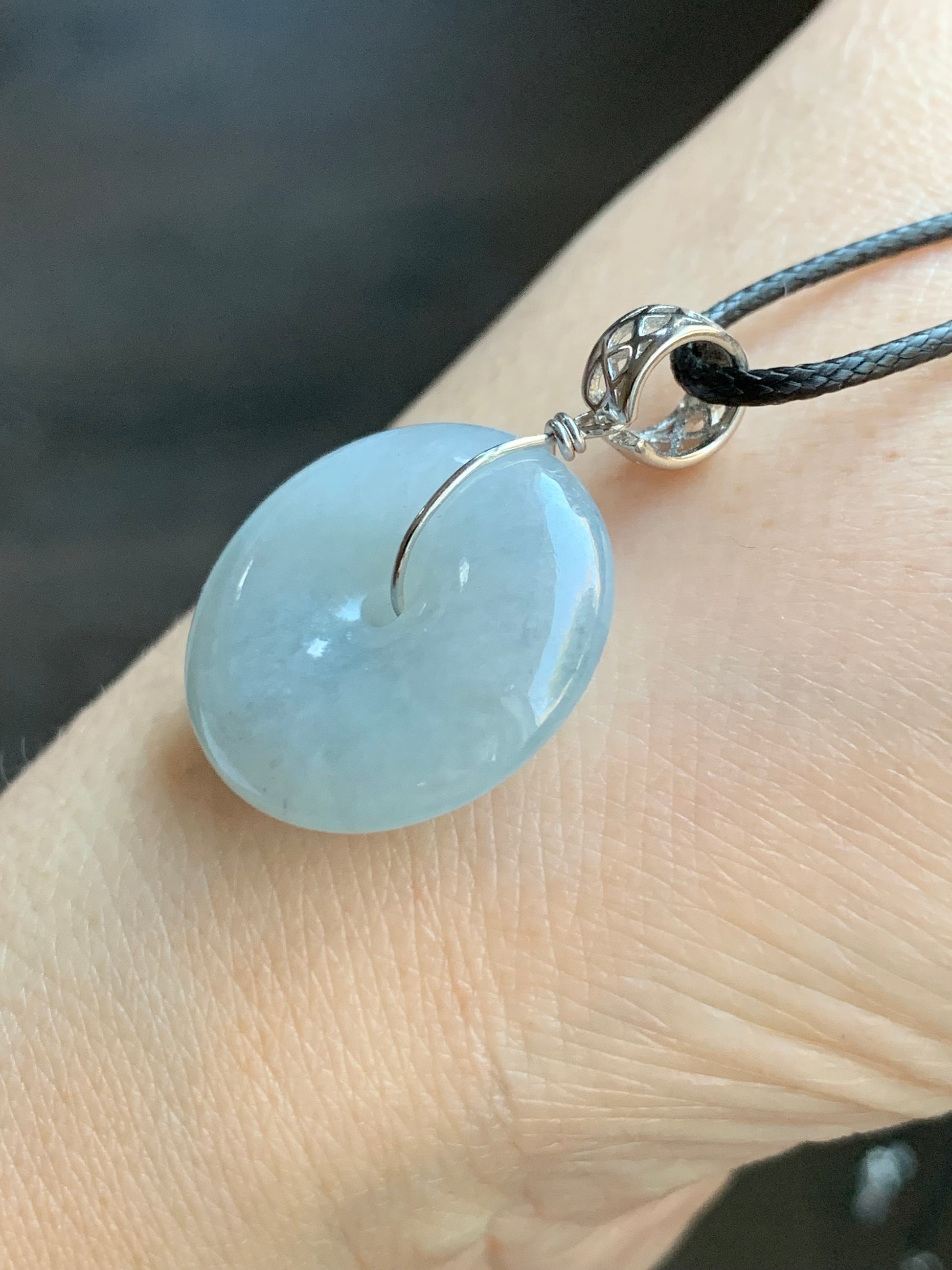 Natural Burmese Icy Translucent Gelatinous Light Blue Wuji Jadeite Ping An Kou Donut Pendant Sterling Silver 天然缅甸冰胶淡蓝乌鸡翡翠平安扣吊坠 B