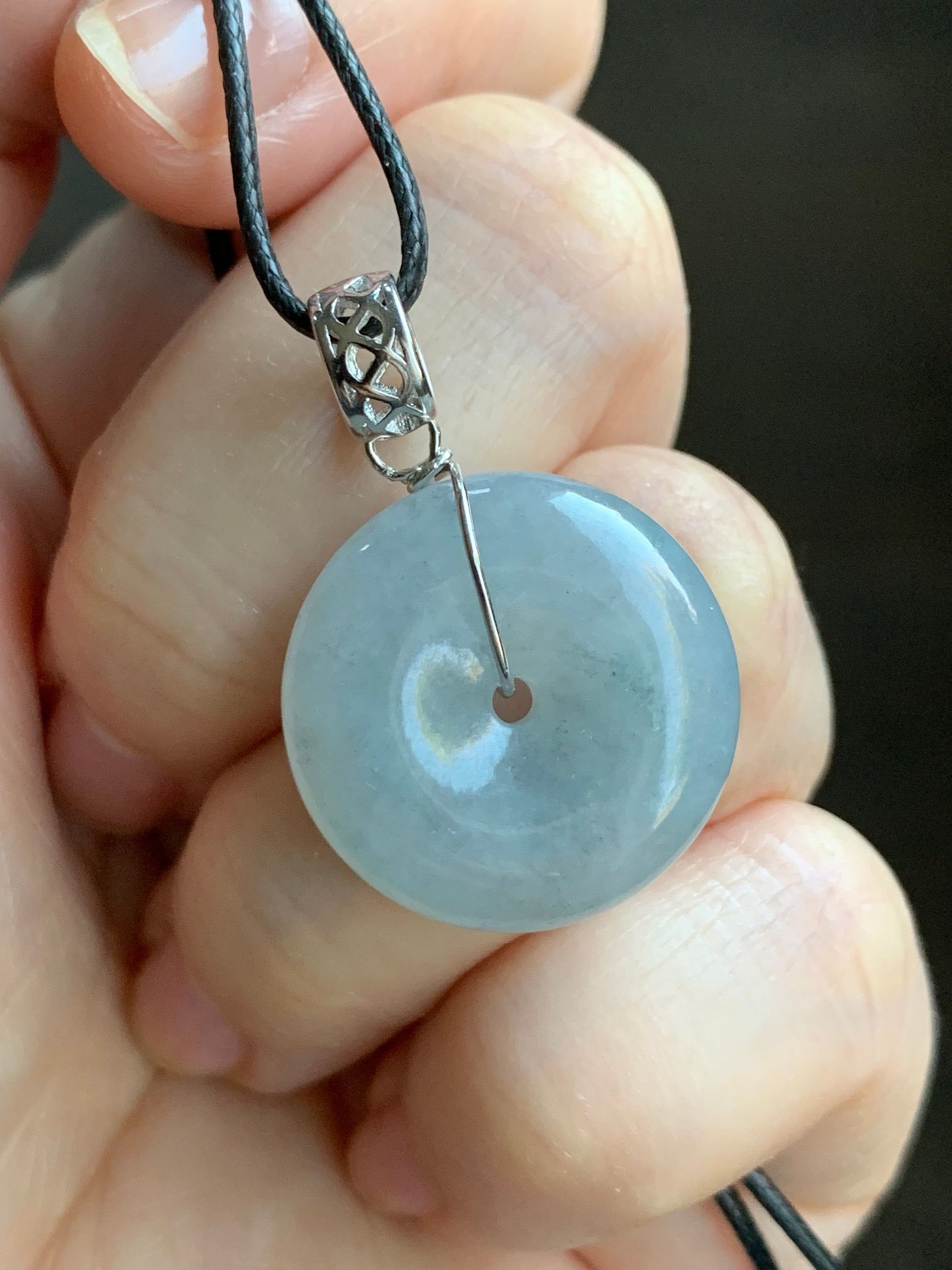 Natural Burmese Icy Translucent Gelatinous Light Blue Wuji Jadeite Ping An Kou Donut Pendant Sterling Silver 天然缅甸冰胶淡蓝乌鸡翡翠平安扣吊坠 A