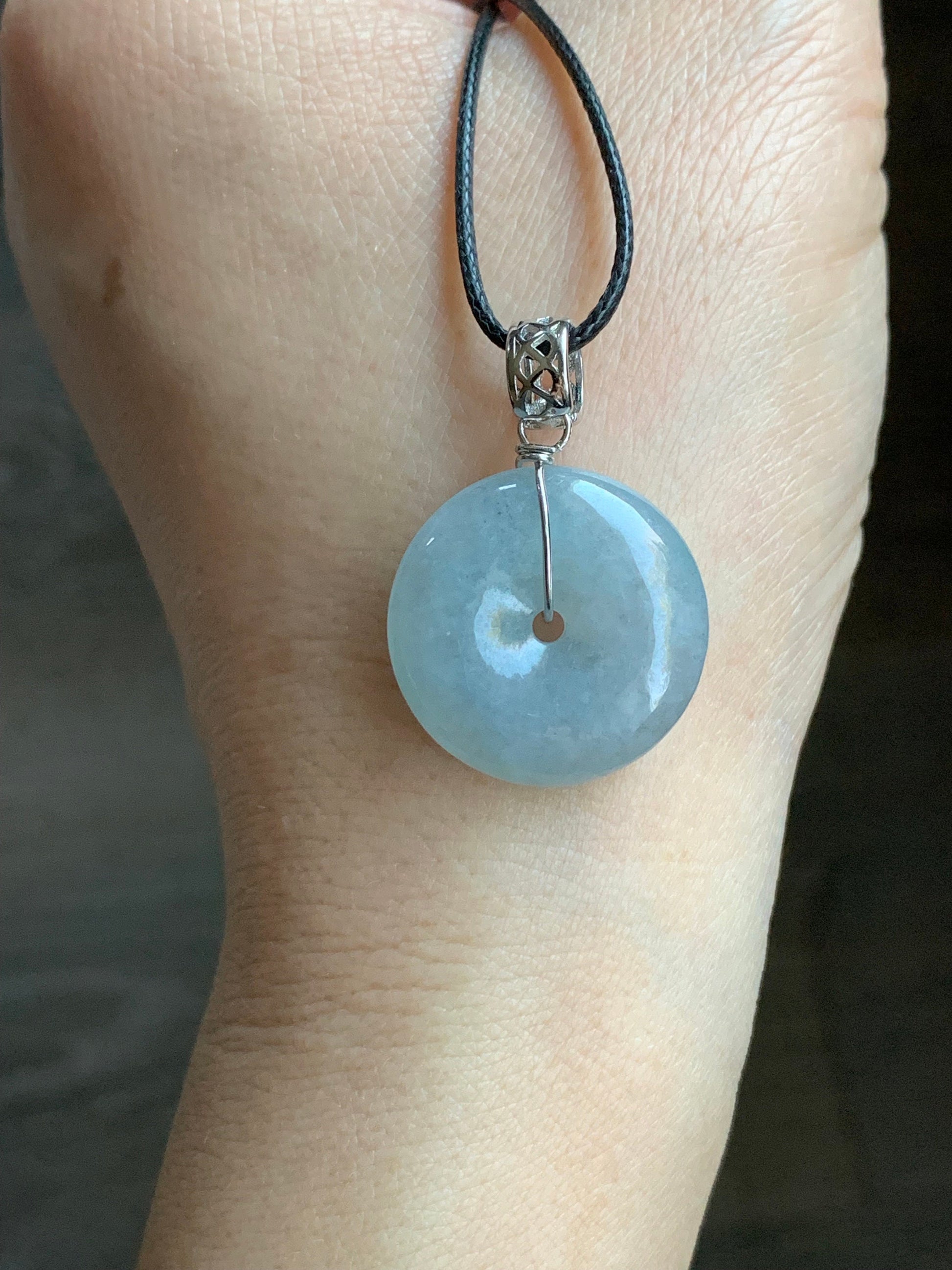 Natural Burmese Icy Translucent Gelatinous Light Blue Wuji Jadeite Ping An Kou Donut Pendant Sterling Silver 天然缅甸冰胶淡蓝乌鸡翡翠平安扣吊坠 A