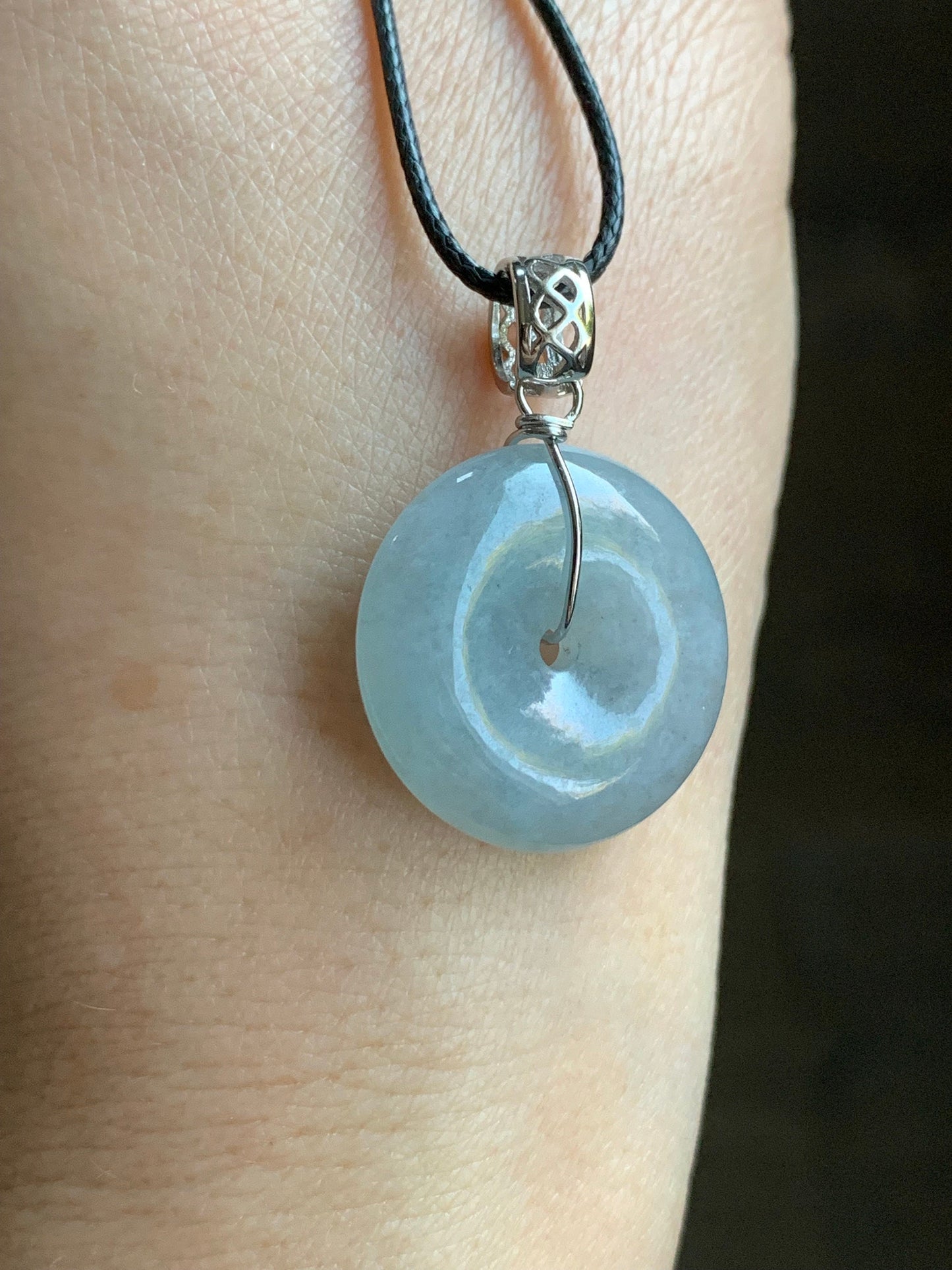 Natural Burmese Icy Translucent Gelatinous Light Blue Wuji Jadeite Ping An Kou Donut Pendant Sterling Silver 天然缅甸冰胶淡蓝乌鸡翡翠平安扣吊坠 A