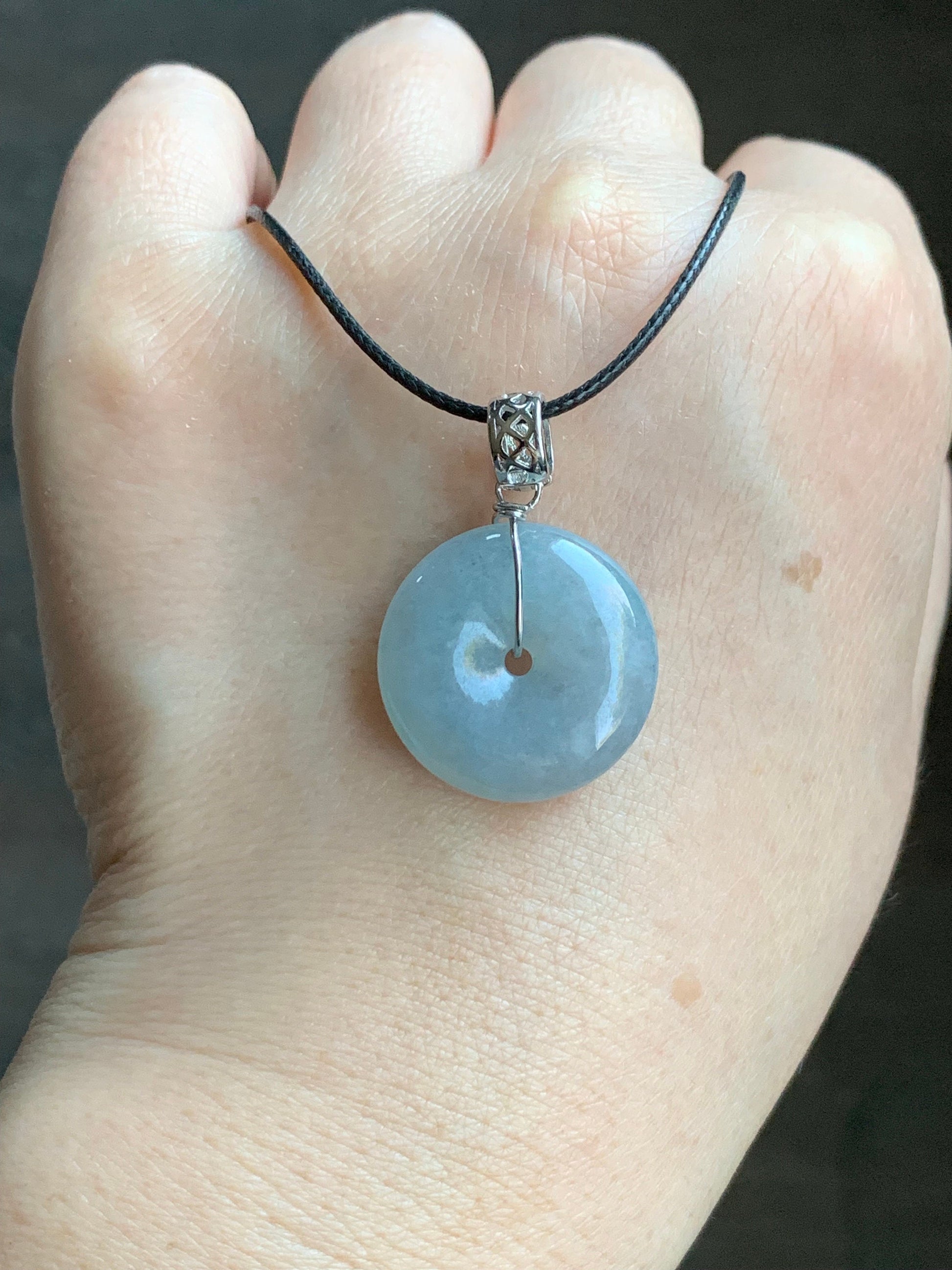 Natural Burmese Icy Translucent Gelatinous Light Blue Wuji Jadeite Ping An Kou Donut Pendant Sterling Silver 天然缅甸冰胶淡蓝乌鸡翡翠平安扣吊坠 A
