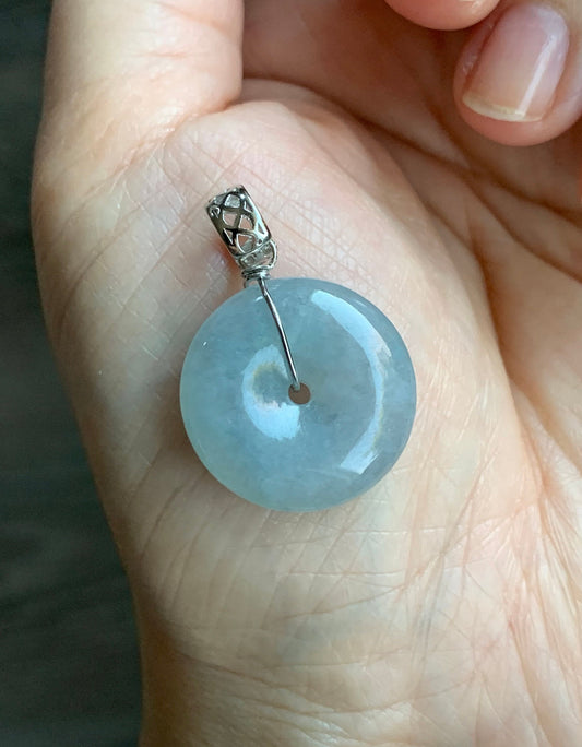 Natural Burmese Icy Translucent Gelatinous Light Blue Wuji Jadeite Ping An Kou Donut Pendant Sterling Silver 天然缅甸冰胶淡蓝乌鸡翡翠平安扣吊坠 A