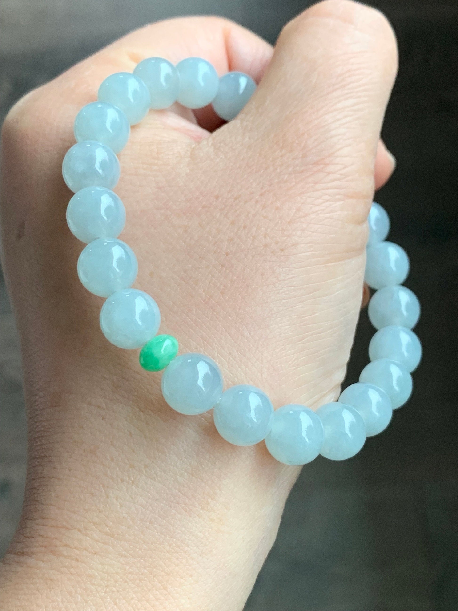 Natural Burmese Icy Translucent Gelatinous Pale Blue Jadeite Green Jadeite Drum Bead Beaded Bracelet Stretchy 9mm 7.25” 天然缅甸冰胶淡蓝翡翠手串 DDL83