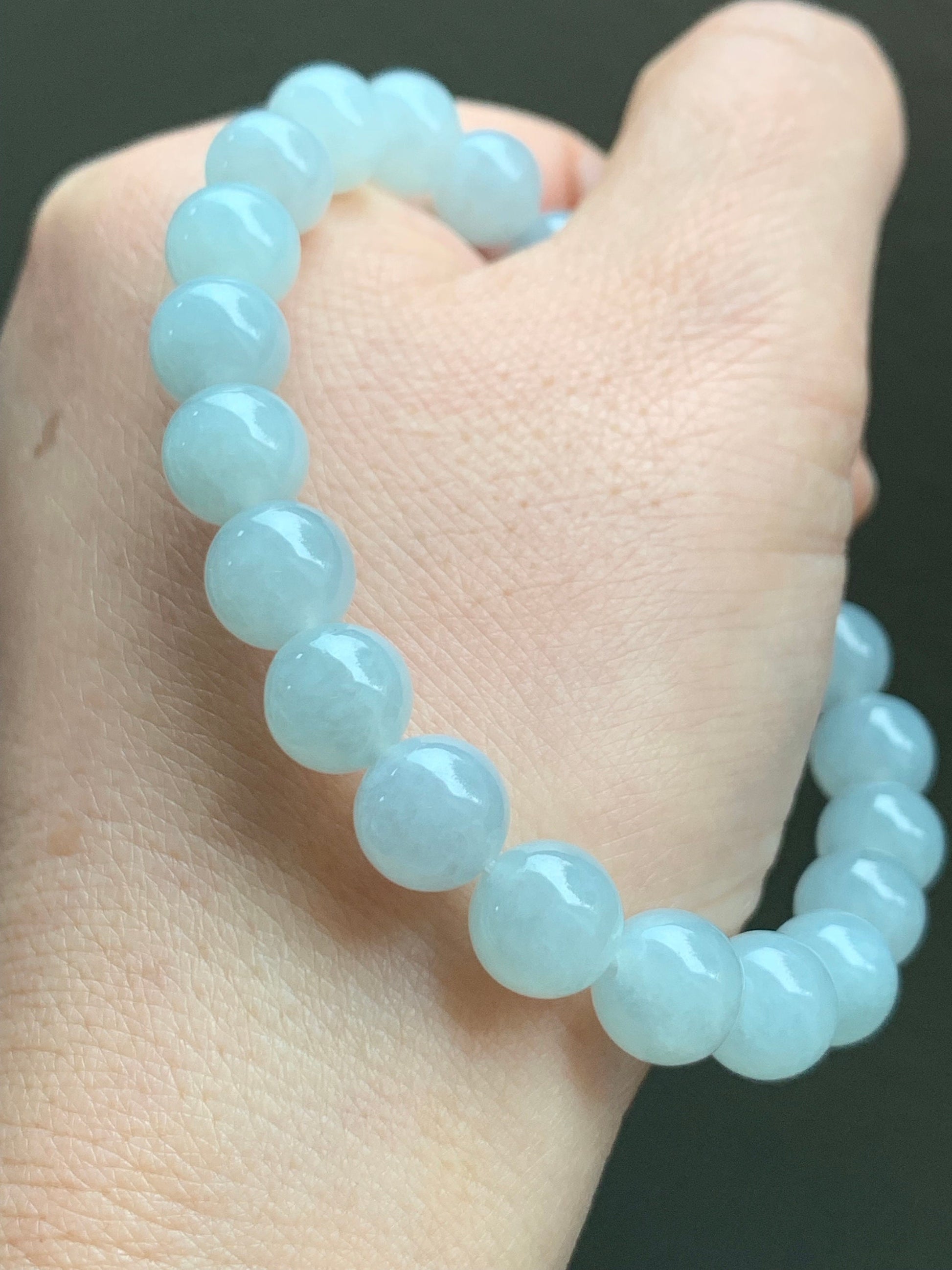 Natural Burmese Icy Translucent Gelatinous Pale Blue Jadeite Green Jadeite Drum Bead Beaded Bracelet Stretchy 9mm 7.25” 天然缅甸冰胶淡蓝翡翠手串 DDL83