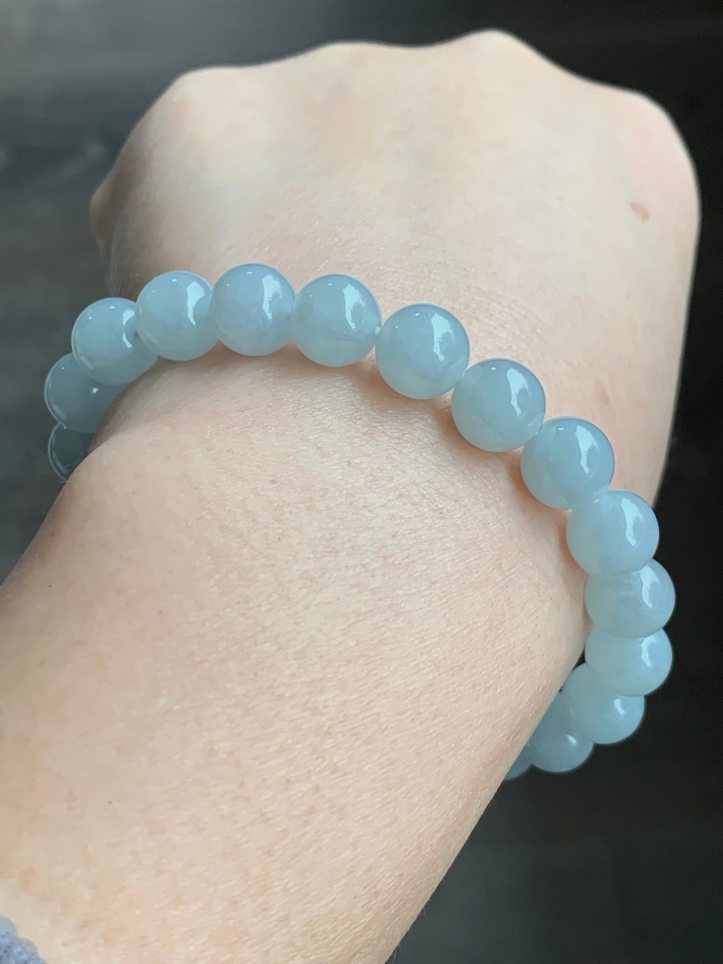 Natural Burmese Icy Translucent Gelatinous Pale Blue Jadeite Green Jadeite Drum Bead Beaded Bracelet Stretchy 9mm 7.25” 天然缅甸冰胶淡蓝翡翠手串 DDL83