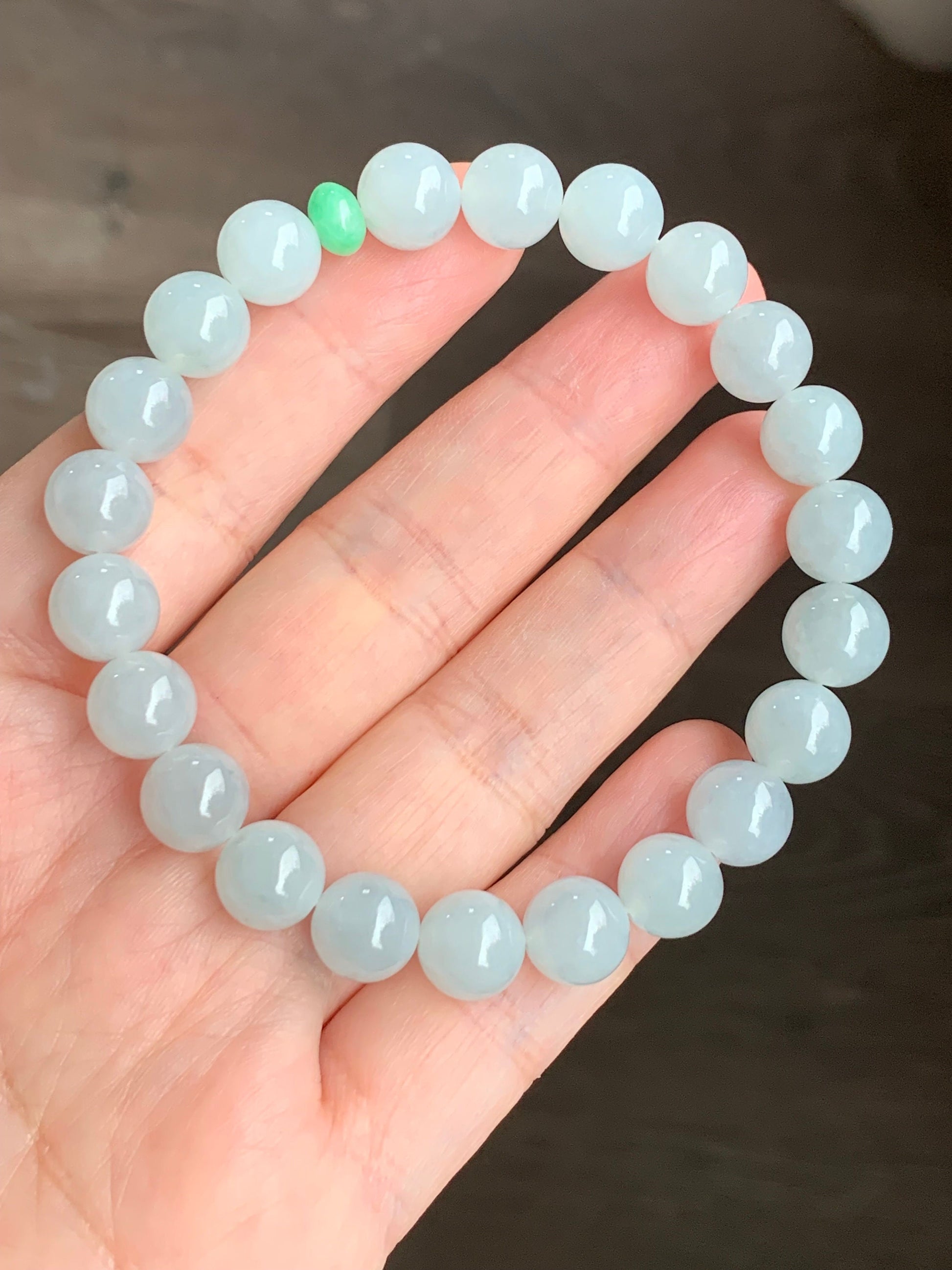 Natural Burmese Icy Translucent Gelatinous Pale Blue Jadeite Green Jadeite Drum Bead Beaded Bracelet Stretchy 9mm 7.25” 天然缅甸冰胶淡蓝翡翠手串 DDL83
