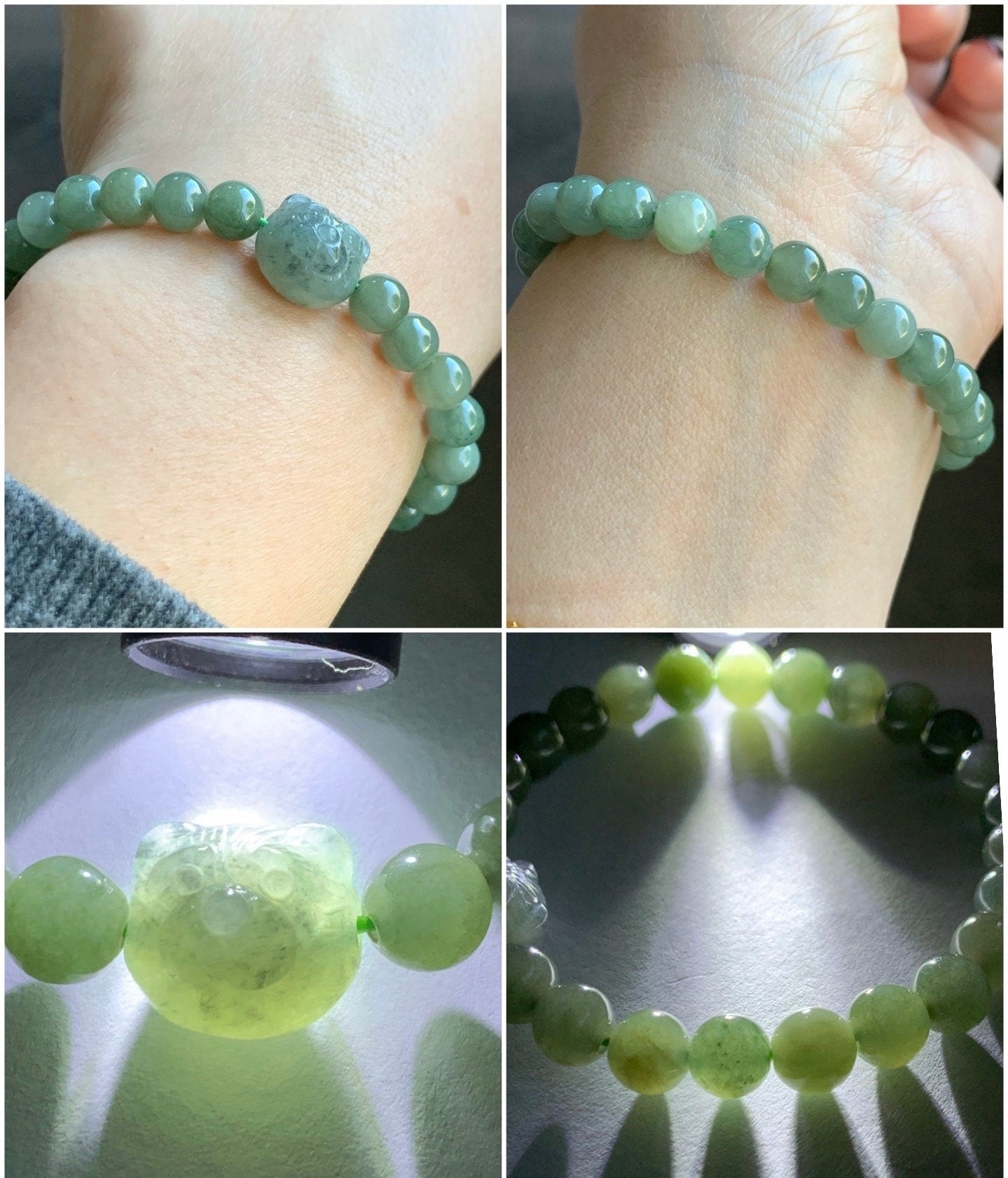 Natural Burmese Icy Translucent Gelatinous Olive Green Jadeite Beads Green Wuji Teddy Bear Beaded Bracelet 6.25” 天然缅甸冰胶油晴翡翠圆珠绿乌鸡小熊手串