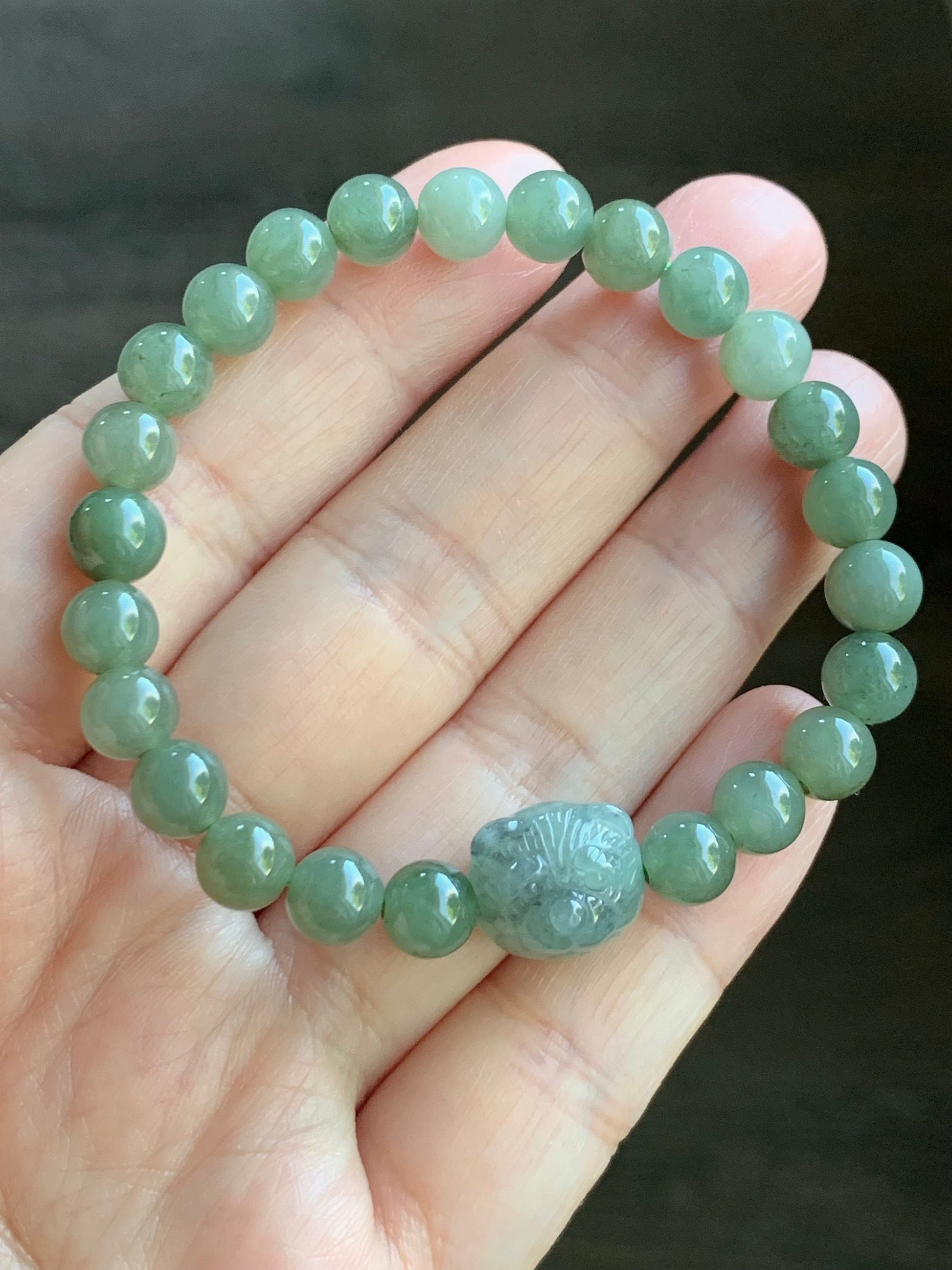 Natural Burmese Icy Translucent Gelatinous Olive Green Jadeite Beads Green Wuji Teddy Bear Beaded Bracelet 6.25” 天然缅甸冰胶油晴翡翠圆珠绿乌鸡小熊手串