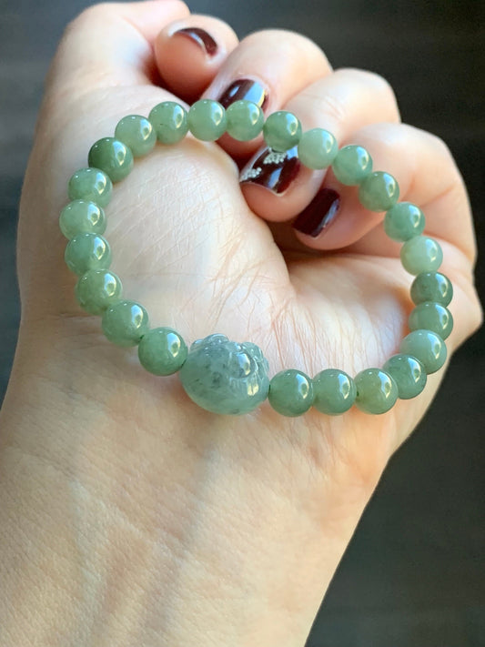 Natural Burmese Icy Translucent Gelatinous Olive Green Jadeite Beads Green Wuji Teddy Bear Beaded Bracelet 6.25” 天然缅甸冰胶油晴翡翠圆珠绿乌鸡小熊手串