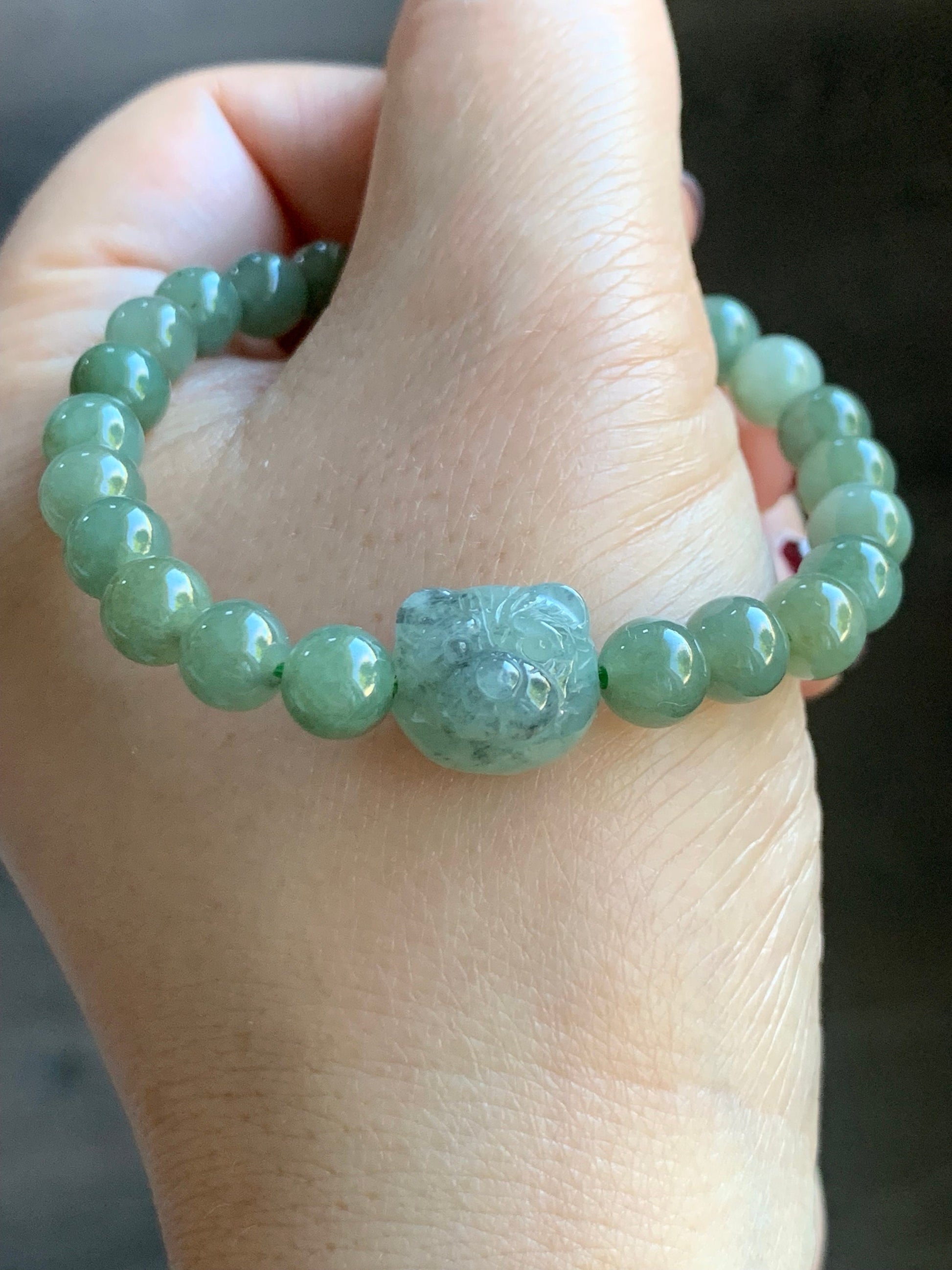 Natural Burmese Icy Translucent Gelatinous Olive Green Jadeite Beads Green Wuji Teddy Bear Beaded Bracelet 6.25” 天然缅甸冰胶油晴翡翠圆珠绿乌鸡小熊手串