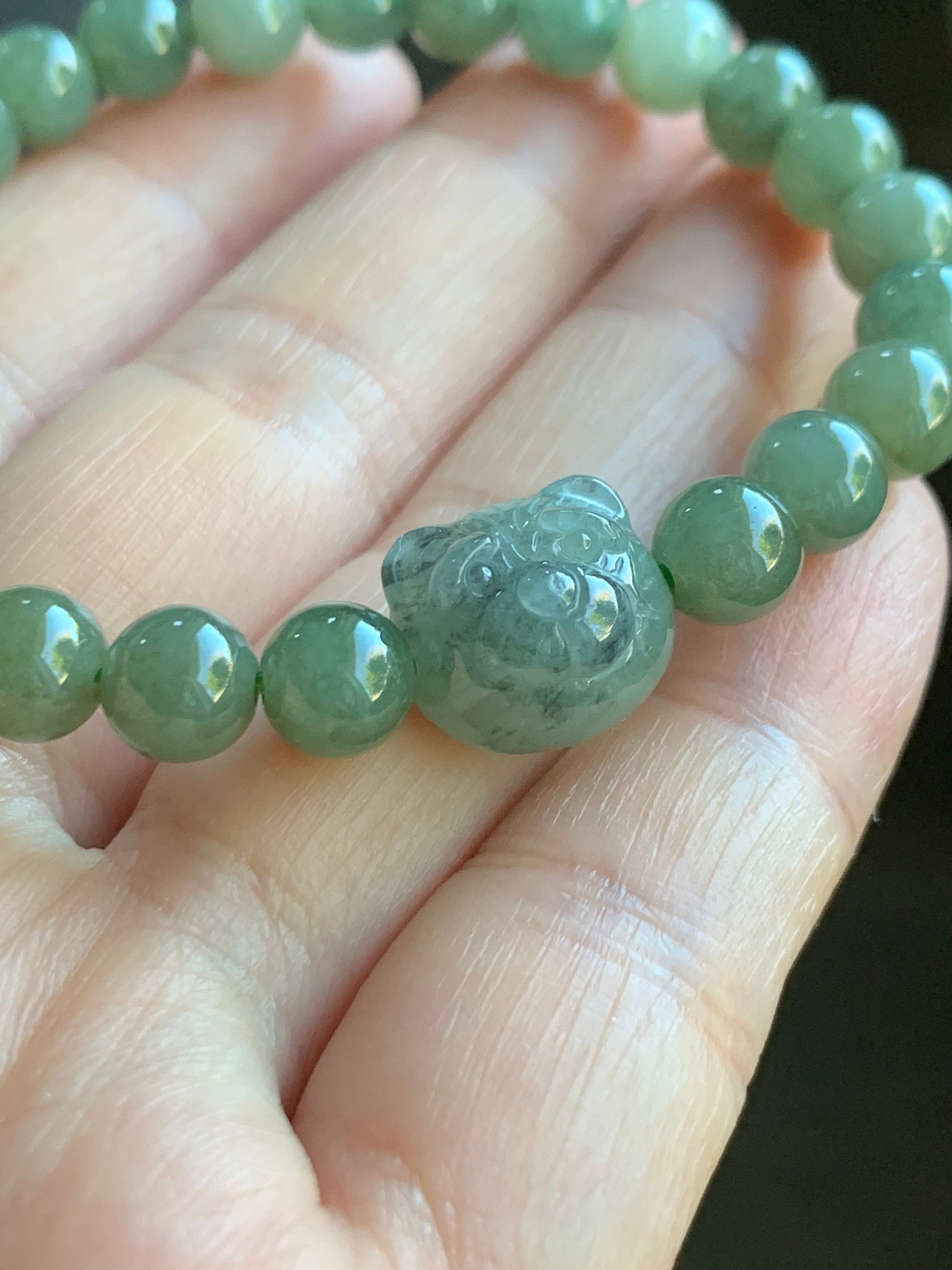 Natural Burmese Icy Translucent Gelatinous Olive Green Jadeite Beads Green Wuji Teddy Bear Beaded Bracelet 6.25” 天然缅甸冰胶油晴翡翠圆珠绿乌鸡小熊手串