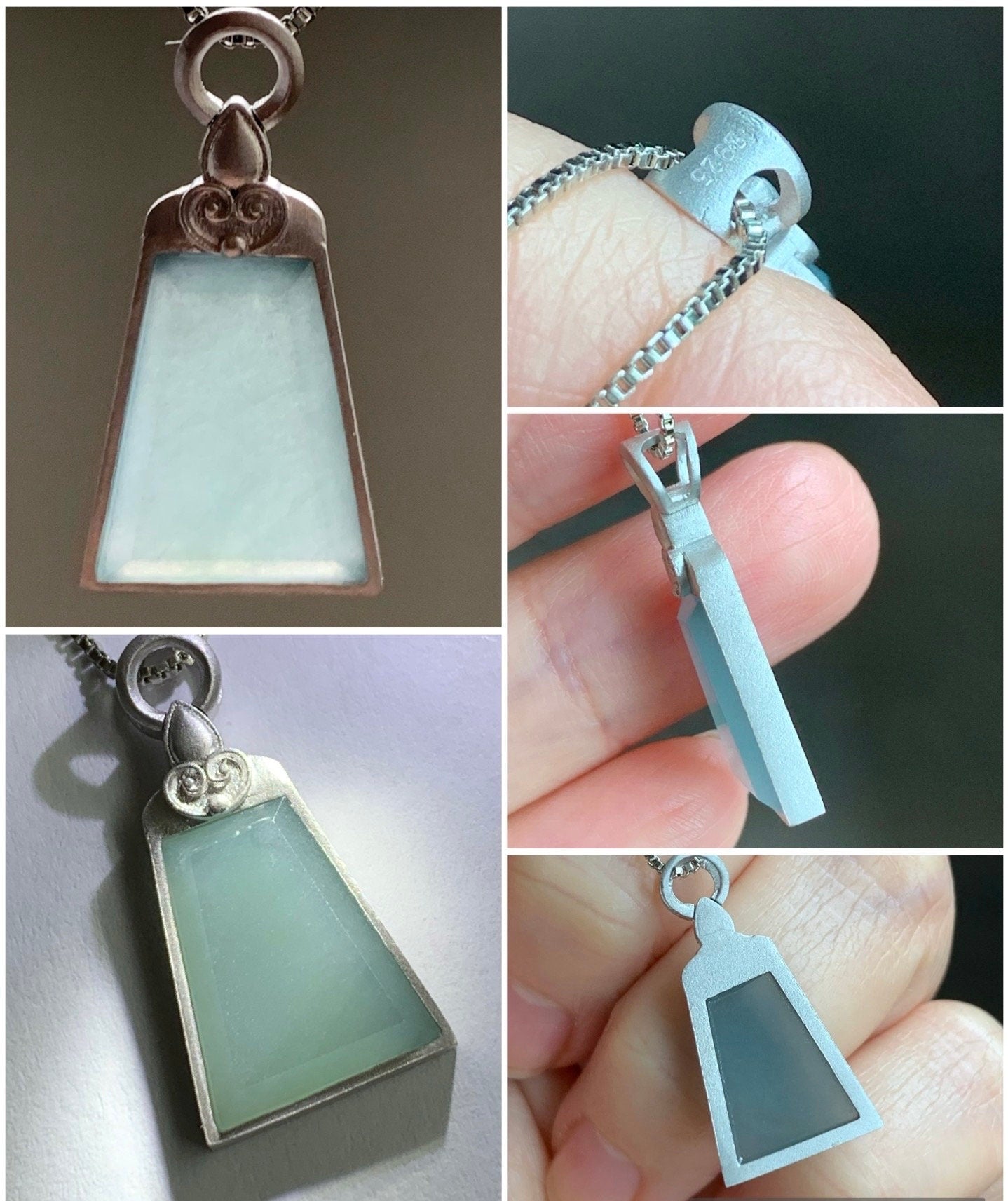 Certified Natural Guatemalan Icy Translucent Gelatinous Light Dusty Blue Jadeite Wu Shi Pai Pendant S925 Sterling Silver 天然冰危蓝翡翠银镶无事牌吊坠 1655