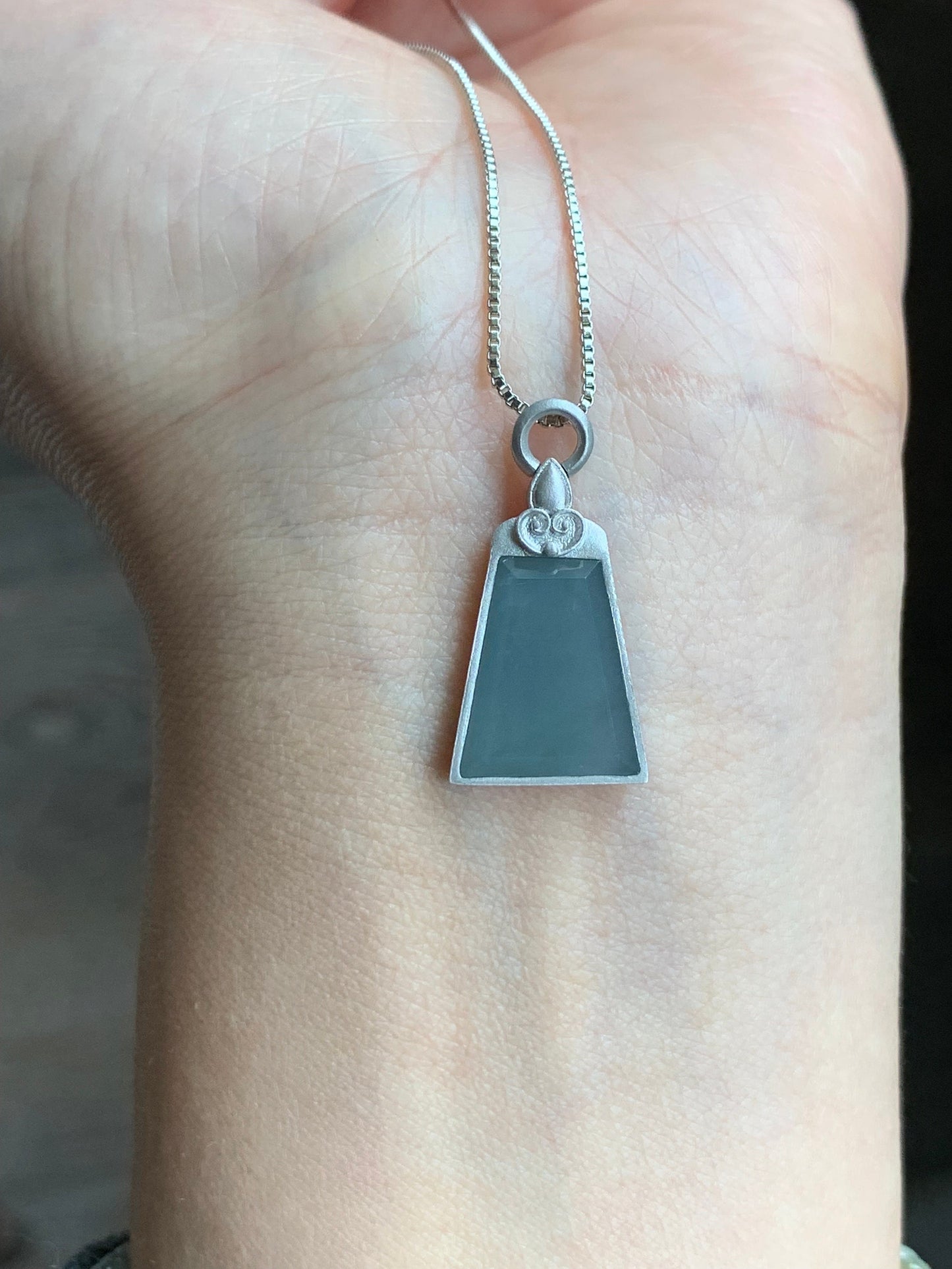Certified Natural Guatemalan Icy Translucent Gelatinous Light Dusty Blue Jadeite Wu Shi Pai Pendant S925 Sterling Silver 天然冰危蓝翡翠银镶无事牌吊坠 1655