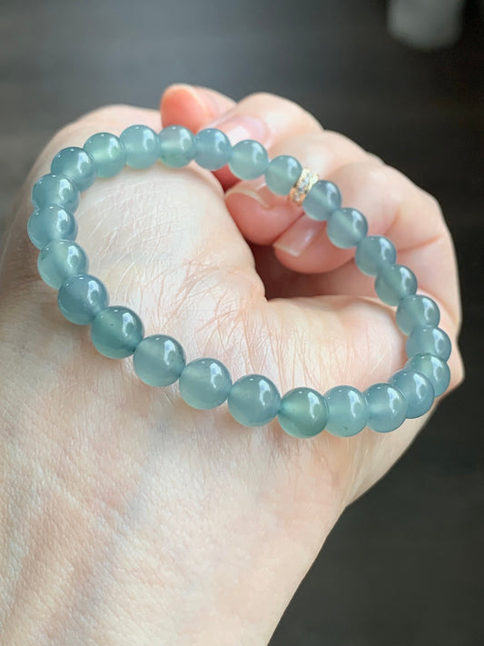 Certified Natural Guatemalan A Graded Icy Highly Translucent Light Dusty Blue Jadeite Beaded Bracelet 6.7mm 6.25” Stretchy 天然高冰危淡蓝翡翠手串 7413