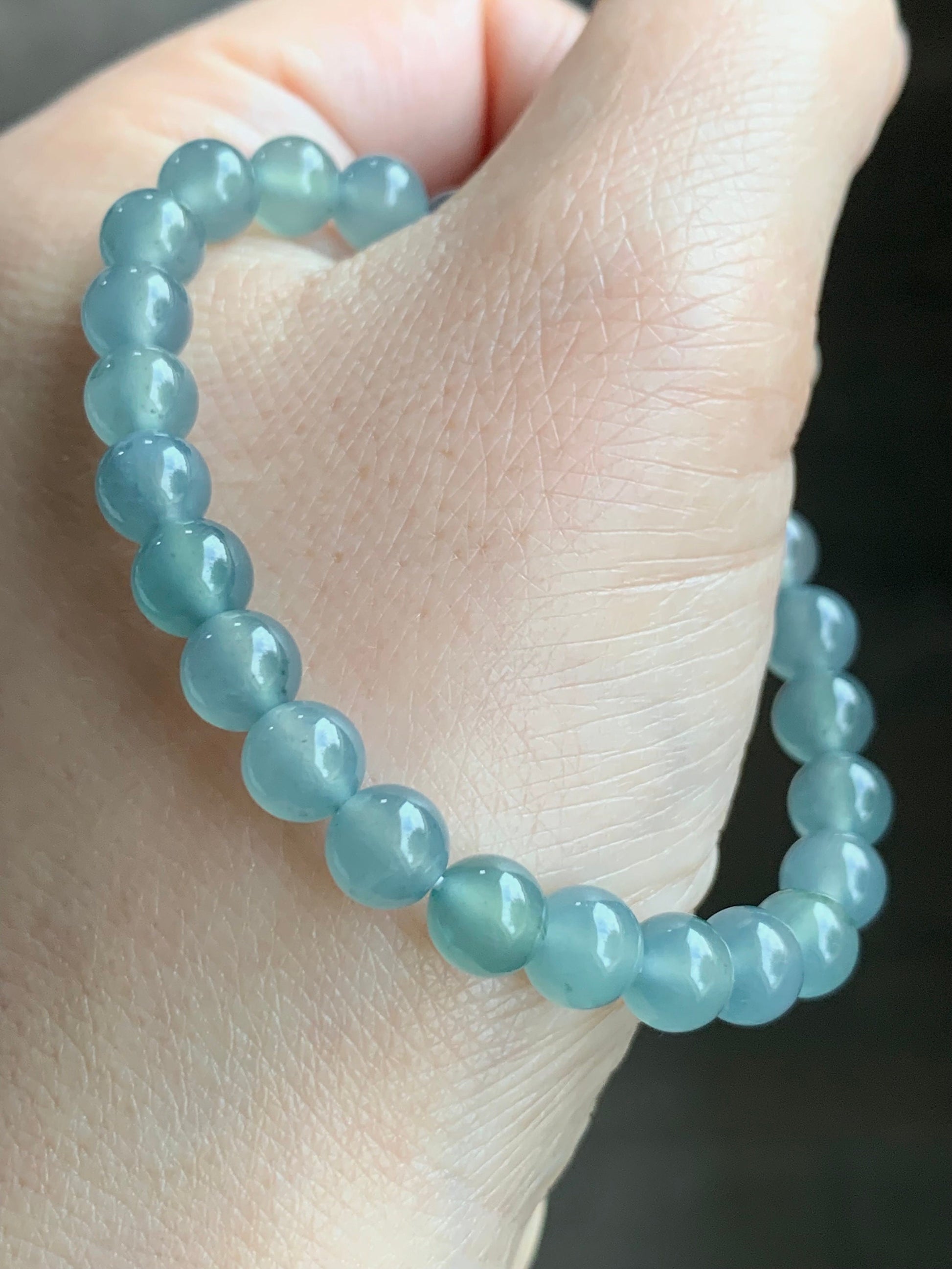 Certified Natural Guatemalan A Graded Icy Highly Translucent Light Dusty Blue Jadeite Beaded Bracelet 6.7mm 6.25” Stretchy 天然高冰危淡蓝翡翠手串 7413