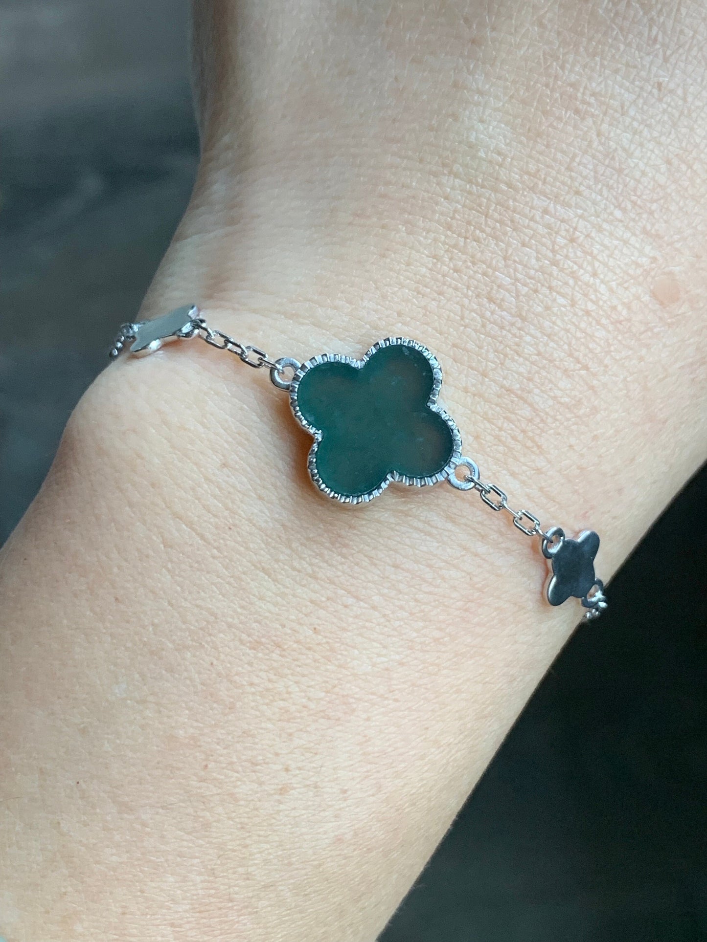 Certified Natural Guatemalan Icy Translucent Dark Teal Green Jadeite Clover Leaf Quatrefoil Bracelet Sterling Silver 天然冰危深蓝绿翡翠四叶草银镶手链 1685
