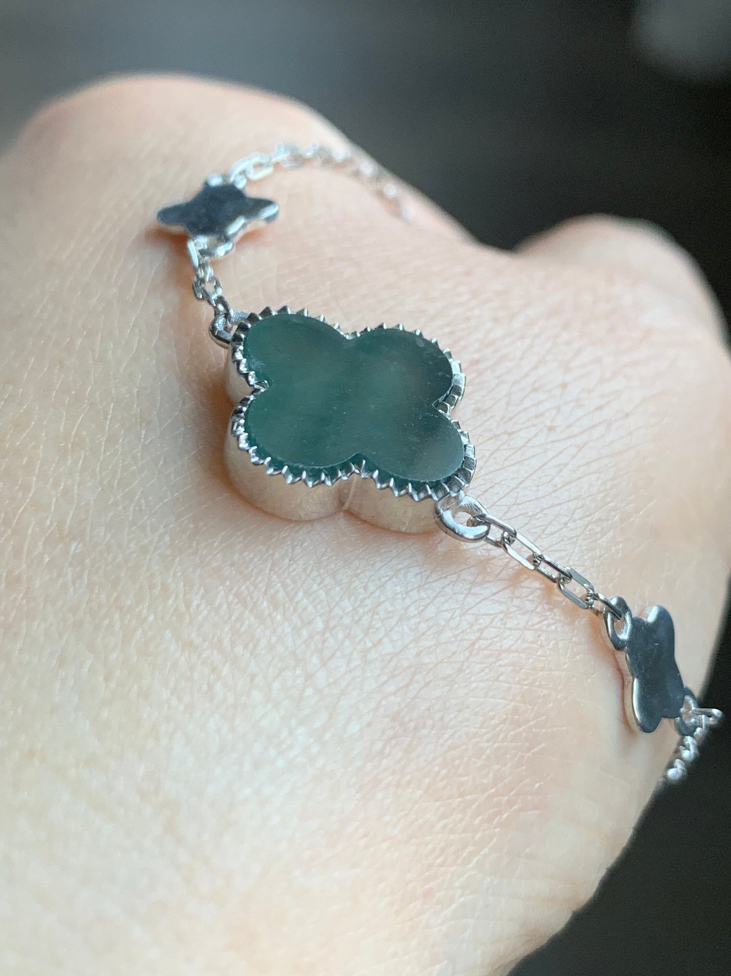 Certified Natural Guatemalan Icy Translucent Dark Teal Green Jadeite Clover Leaf Quatrefoil Bracelet Sterling Silver 天然冰危深蓝绿翡翠四叶草银镶手链 1685